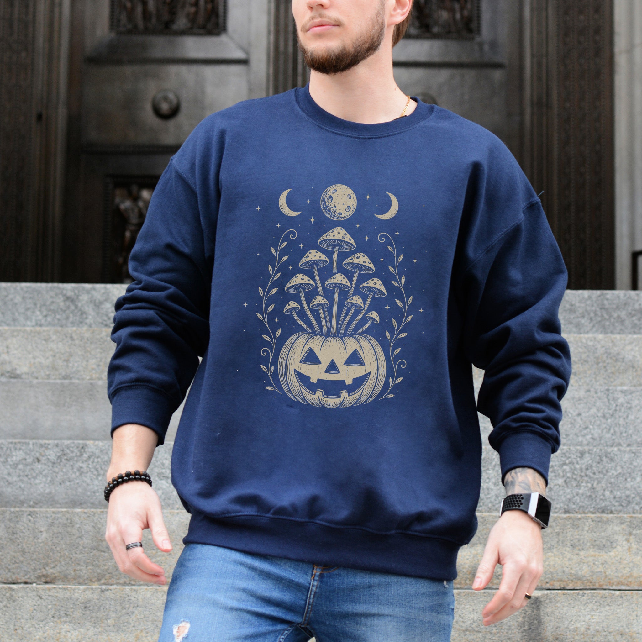 Mushroom Jack-O’-Lantern Halloween Sweatshirt – Retro Moonlit Pumpkin Magic