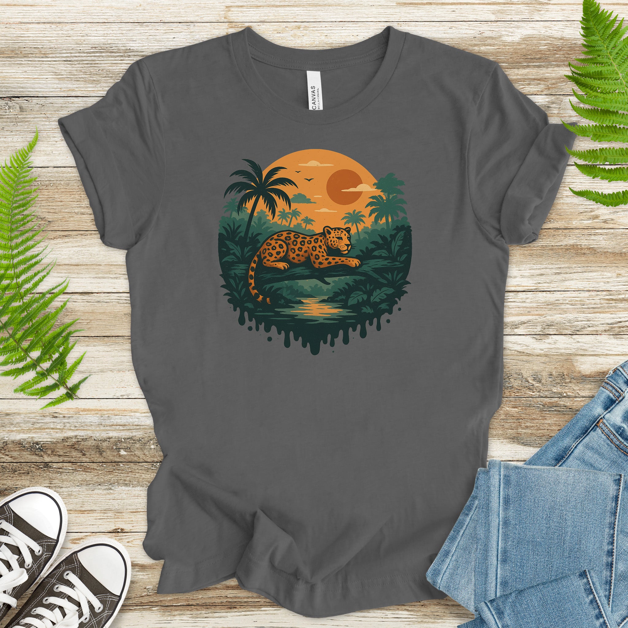 Jaguar Jungle Sunset T-Shirt – Retro Rainforest Wildlife Tee