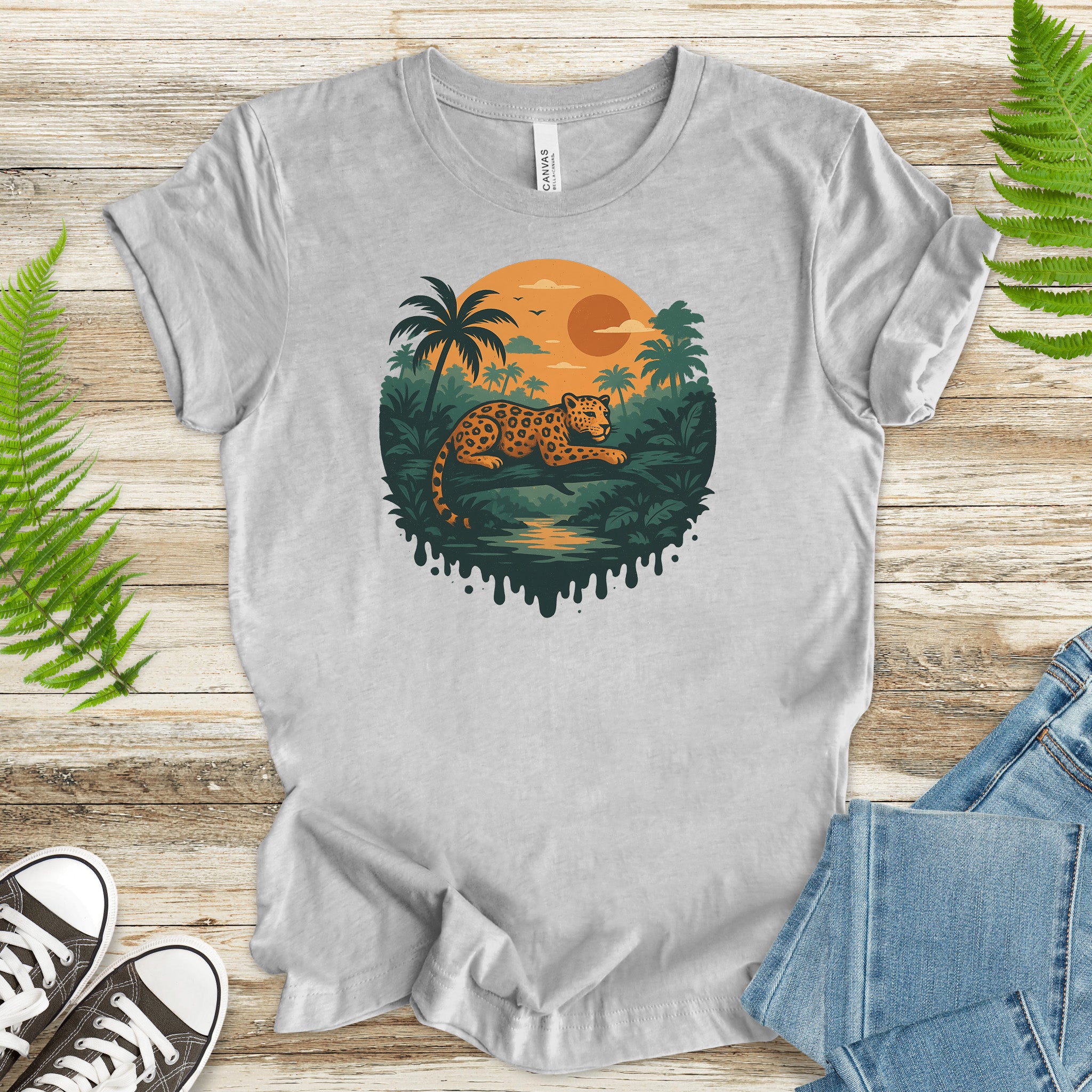 Jaguar Jungle Sunset T-Shirt – Retro Rainforest Wildlife Tee
