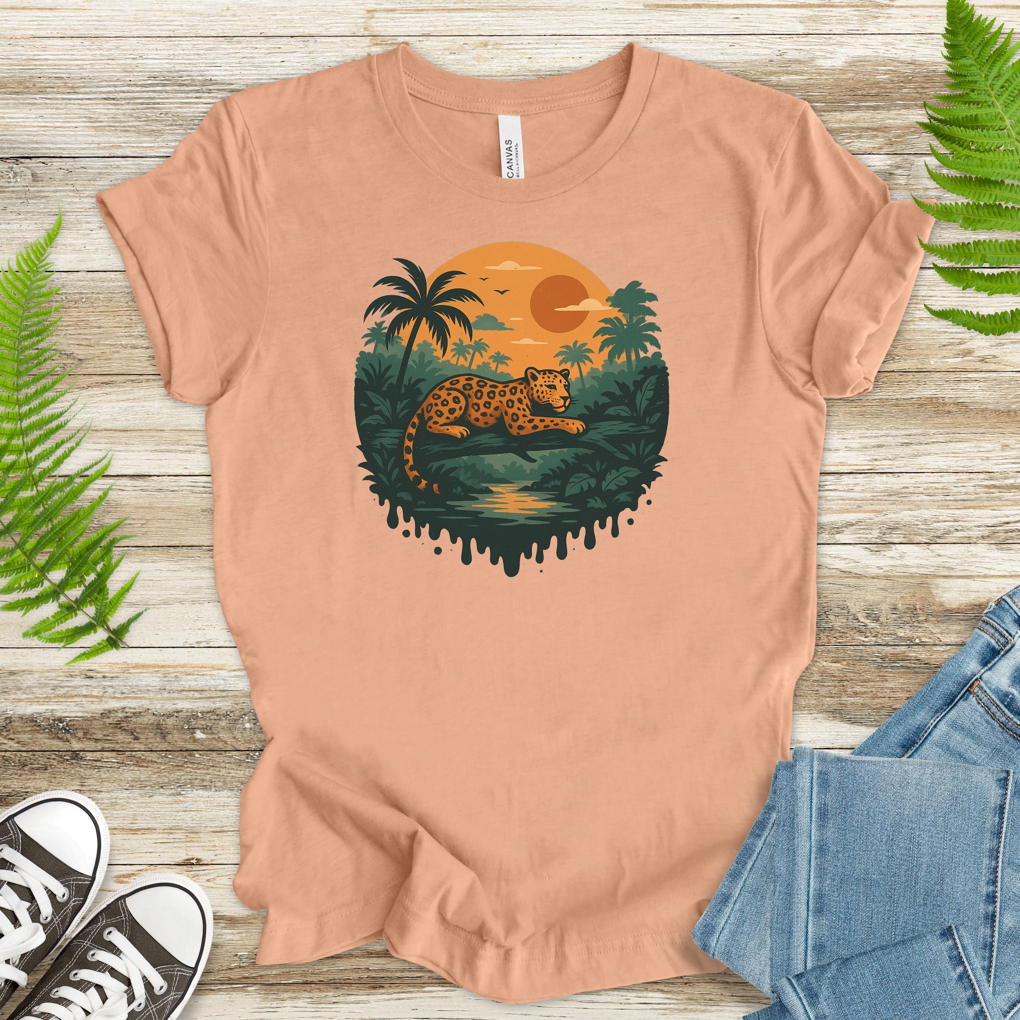 Jaguar Jungle Sunset T-Shirt – Retro Rainforest Wildlife Tee