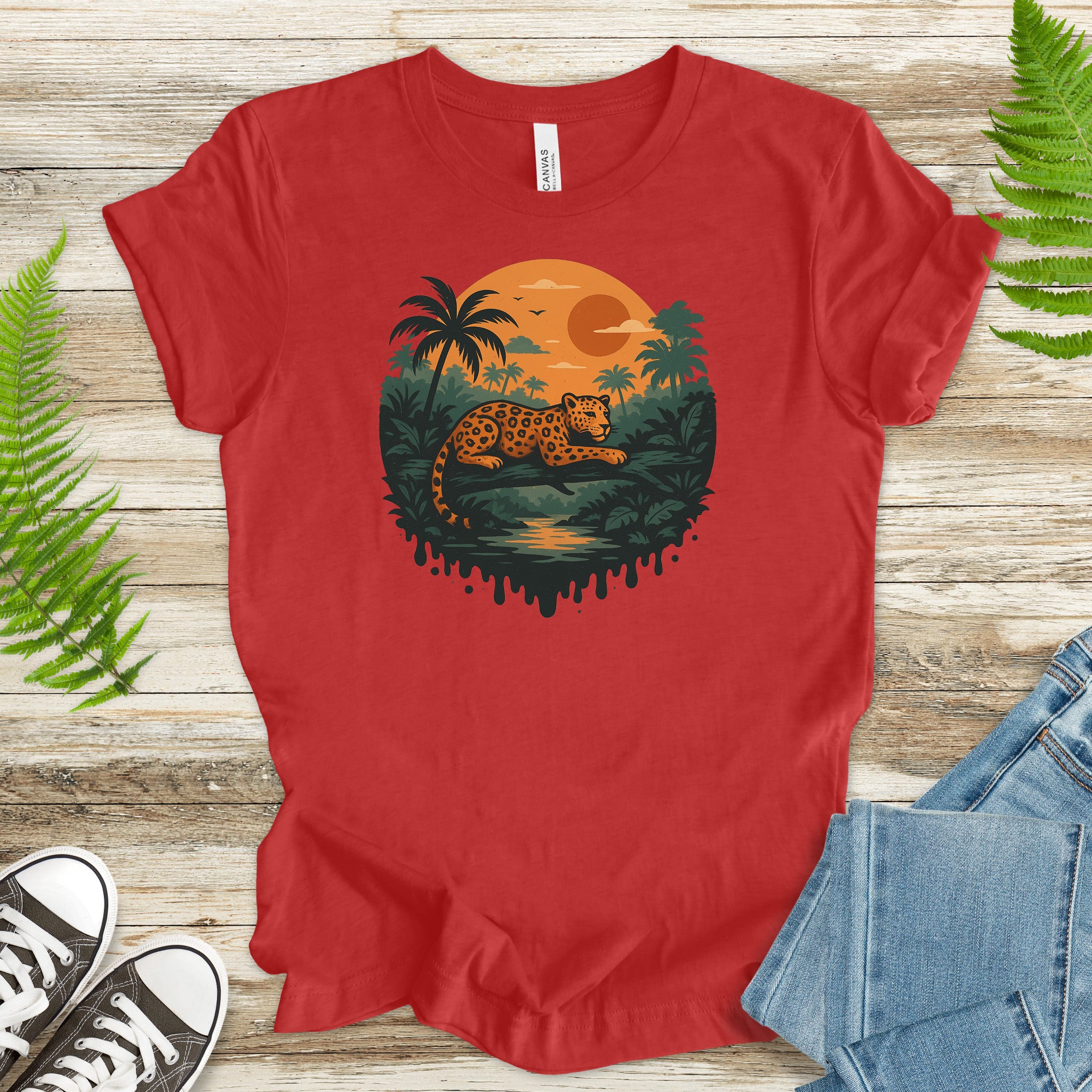 Jaguar Jungle Sunset T-Shirt – Retro Rainforest Wildlife Tee