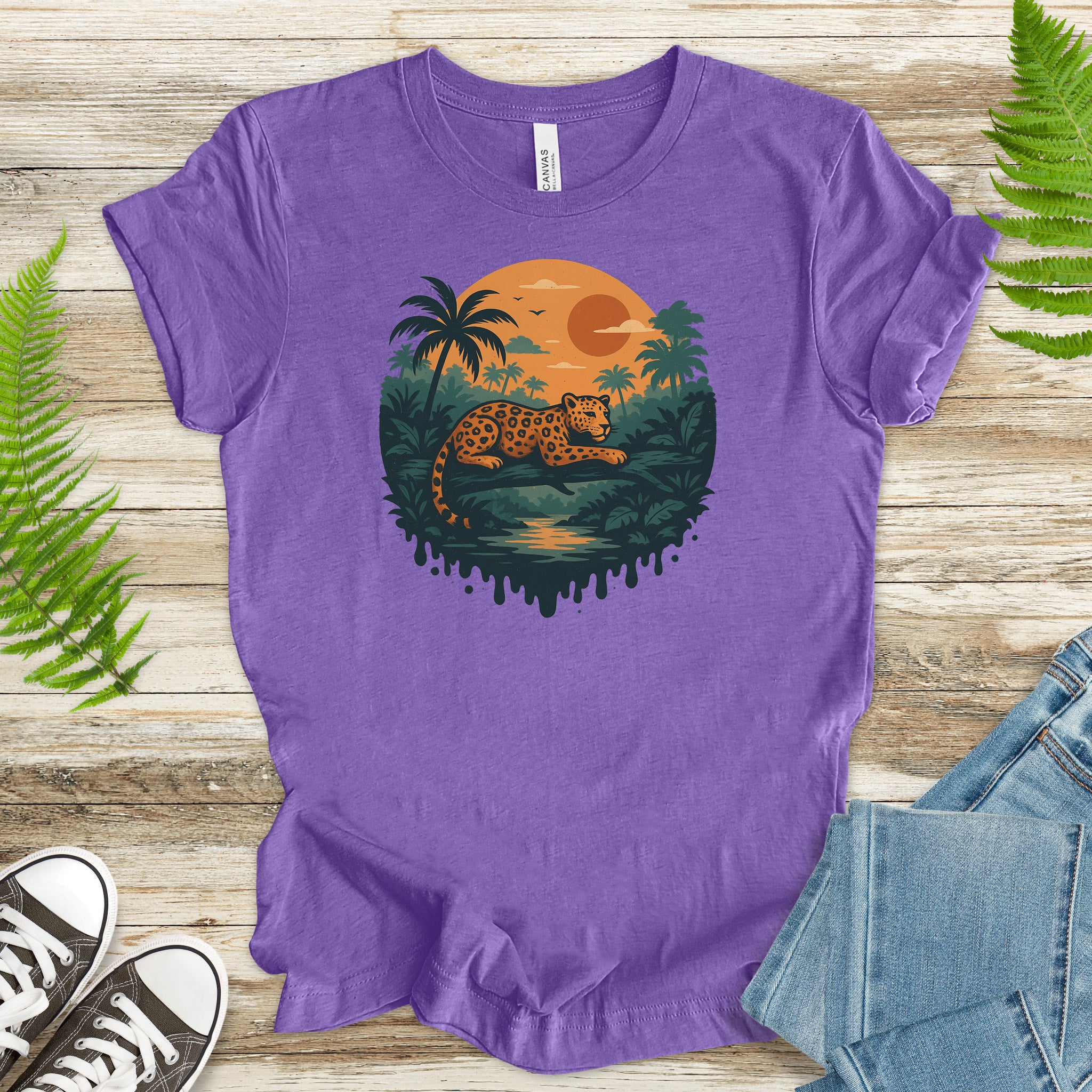 Jaguar Jungle Sunset T-Shirt – Retro Rainforest Wildlife Tee