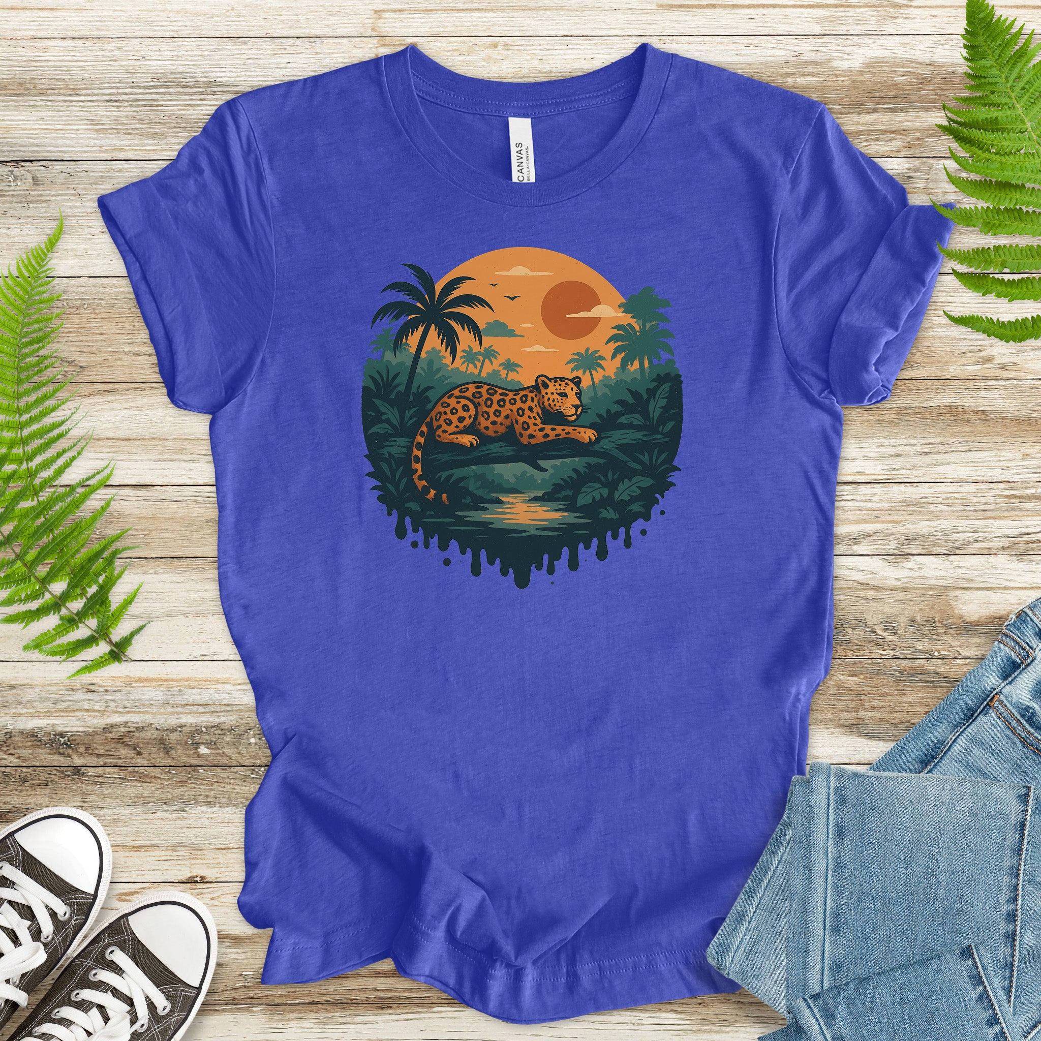 Jaguar Jungle Sunset T-Shirt – Retro Rainforest Wildlife Tee