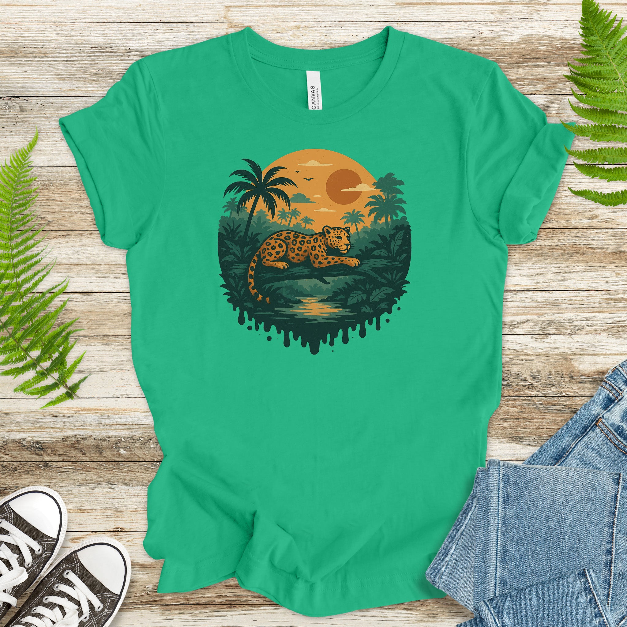Jaguar Jungle Sunset T-Shirt – Retro Rainforest Wildlife Tee