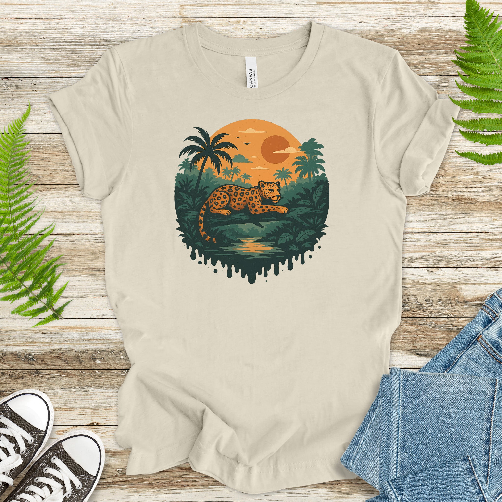 Jaguar Jungle Sunset T-Shirt – Retro Rainforest Wildlife Tee