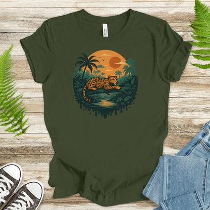 Jaguar Jungle Sunset T-Shirt – Retro Rainforest Wildlife Tee