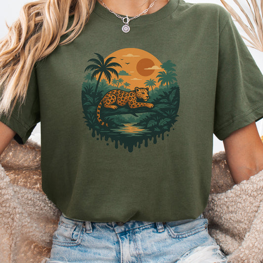 Jaguar Jungle Sunset T-Shirt – Retro Rainforest Wildlife Tee