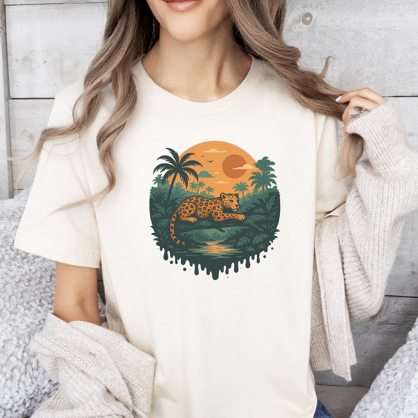 Jaguar Jungle Sunset T-Shirt – Retro Rainforest Wildlife Tee
