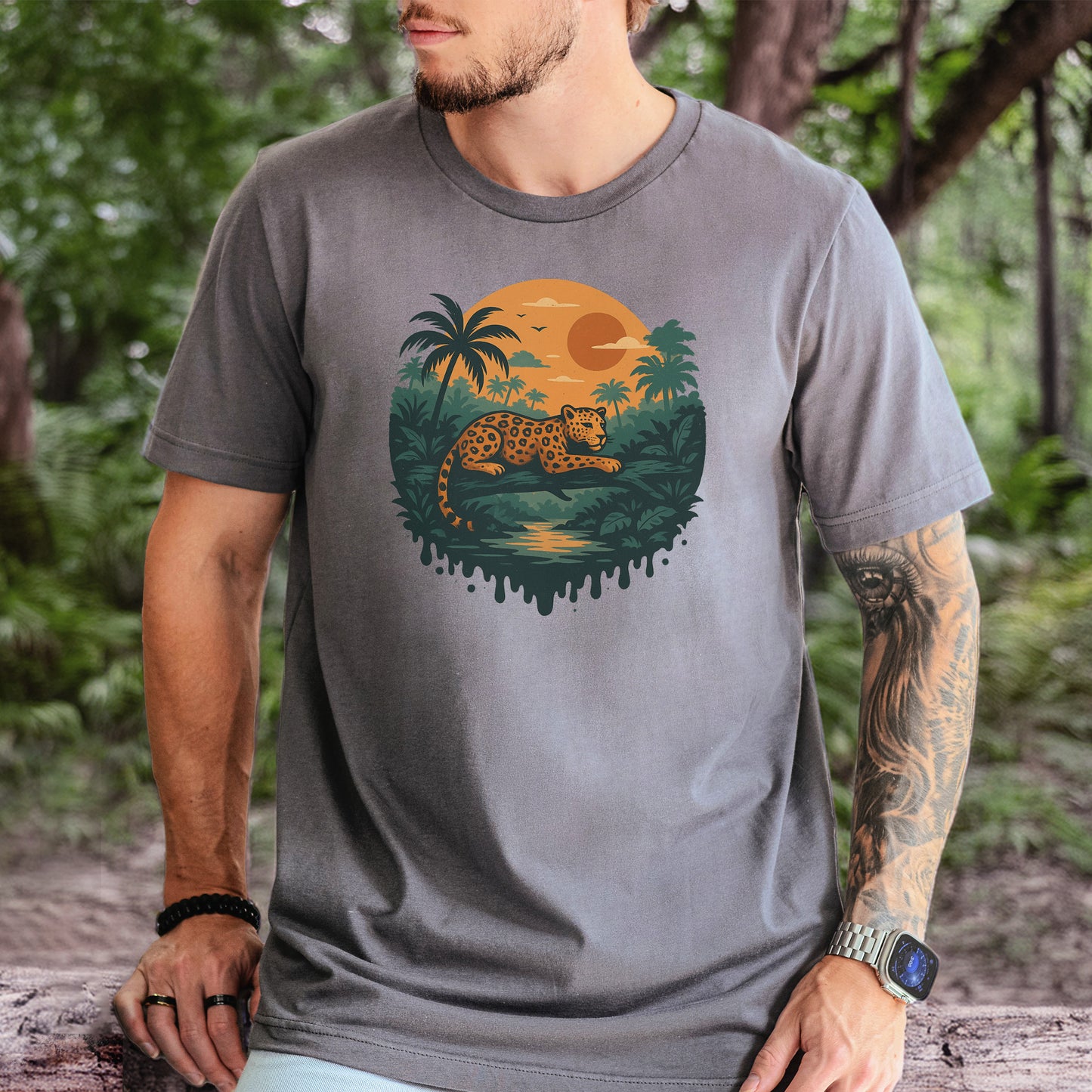 Jaguar Jungle Sunset T-Shirt – Retro Rainforest Wildlife Tee