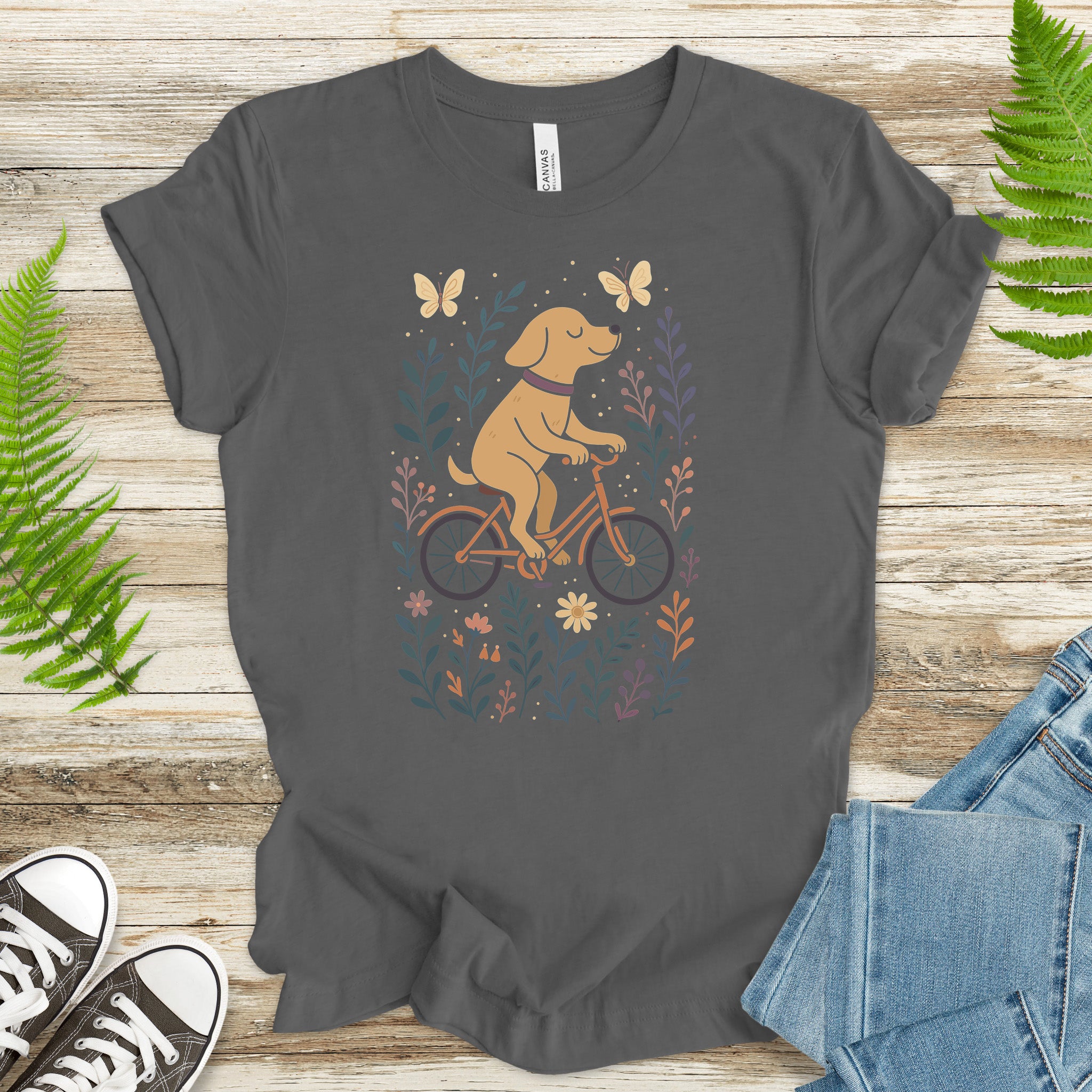 Joyful Dog on a Bike T-Shirt – Whimsical Nature & Butterfly Lover Tee