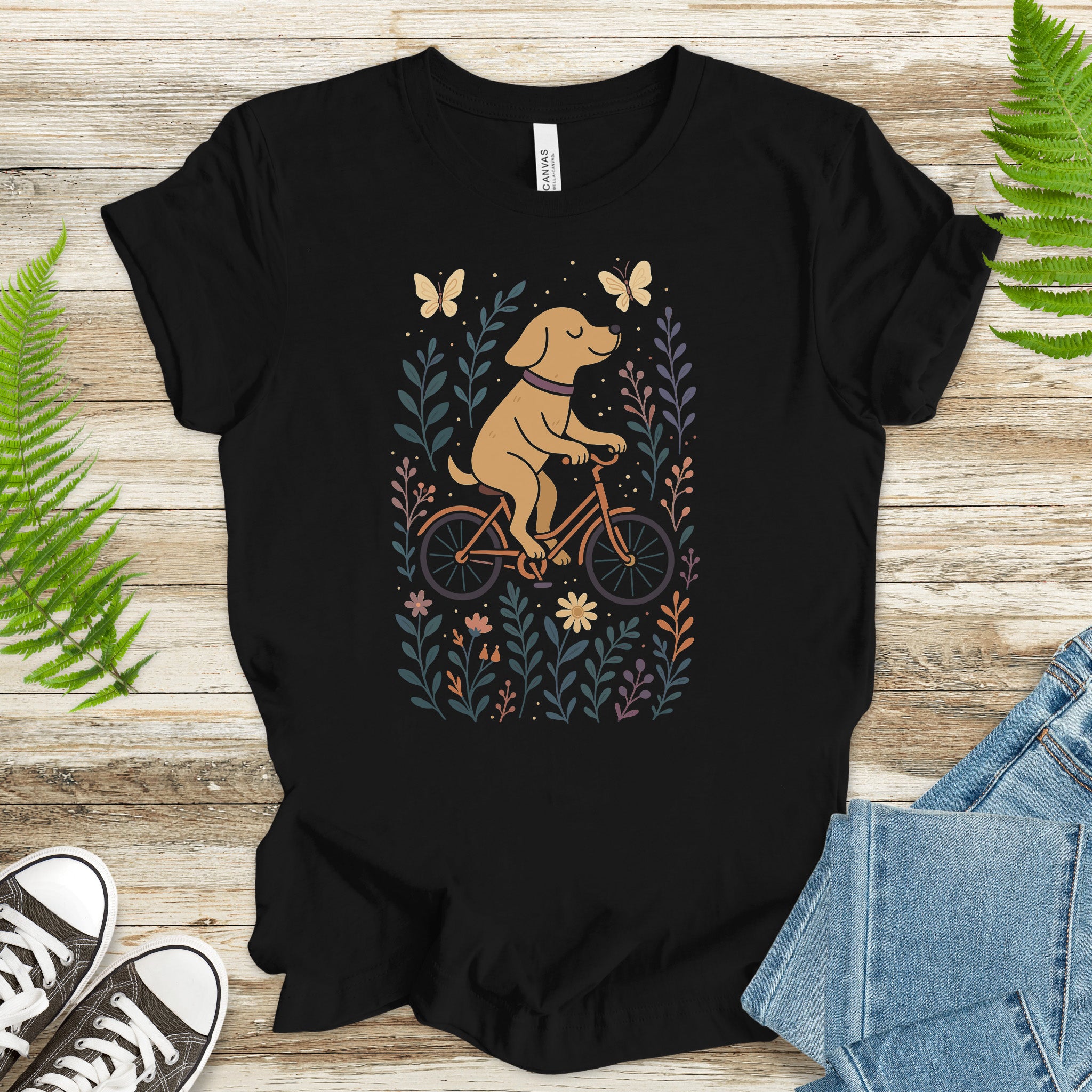 Joyful Dog on a Bike T-Shirt – Whimsical Nature & Butterfly Lover Tee