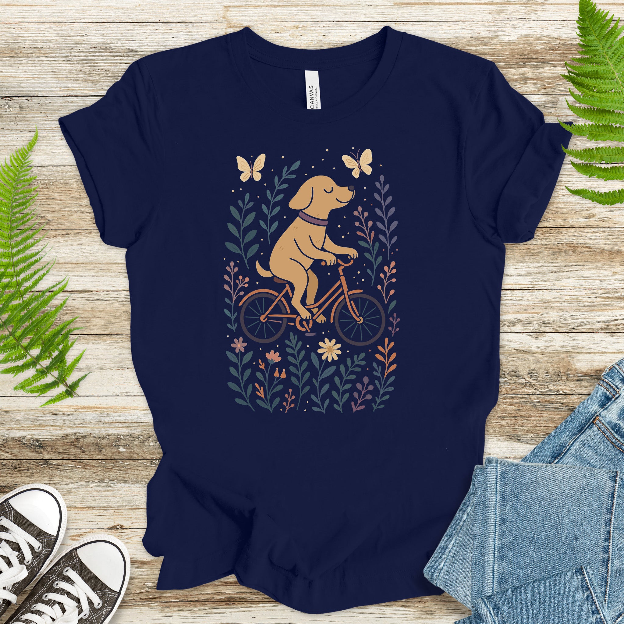 Joyful Dog on a Bike T-Shirt – Whimsical Nature & Butterfly Lover Tee