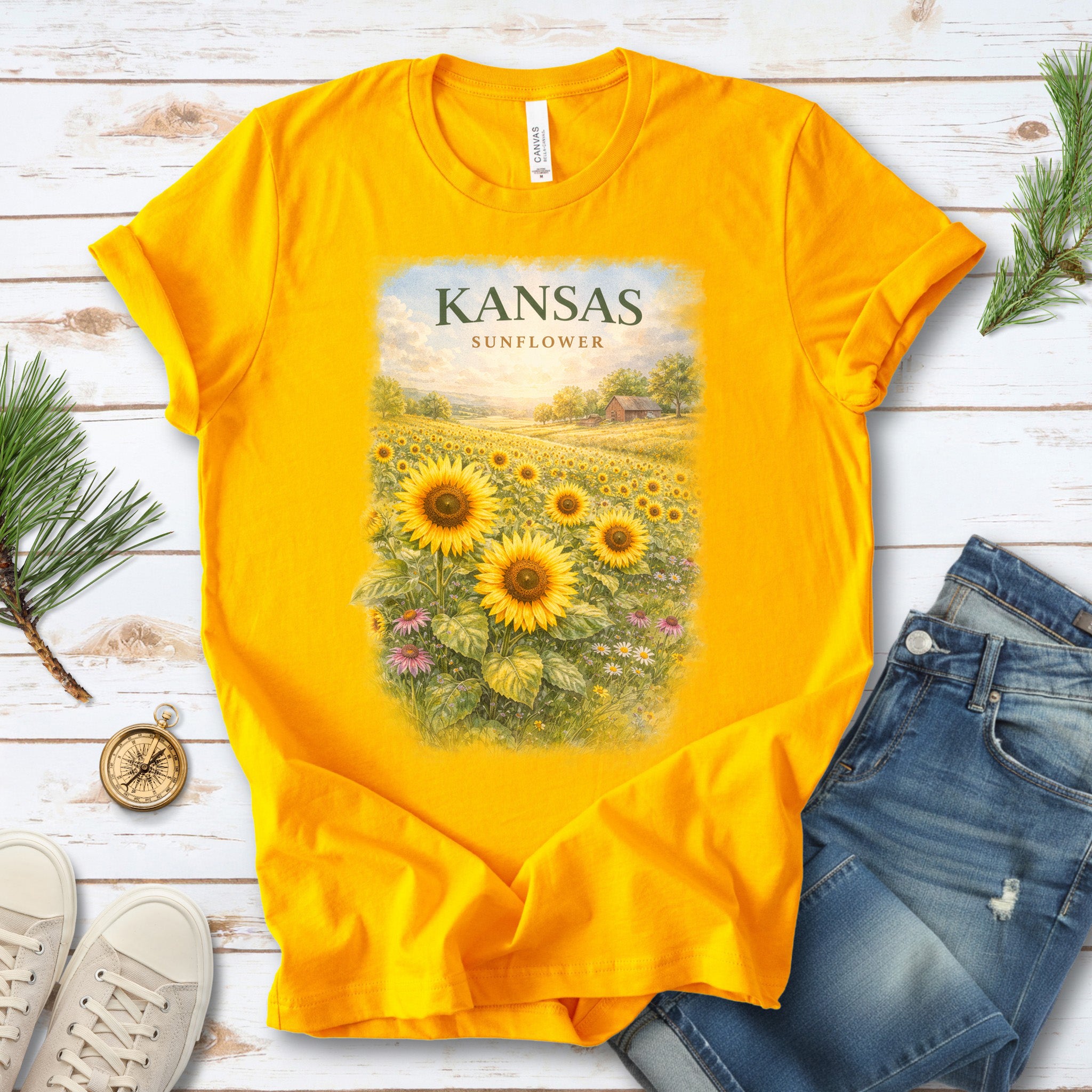 Kansas Sunflower Field Vintage Botanical Nature T-Shirt