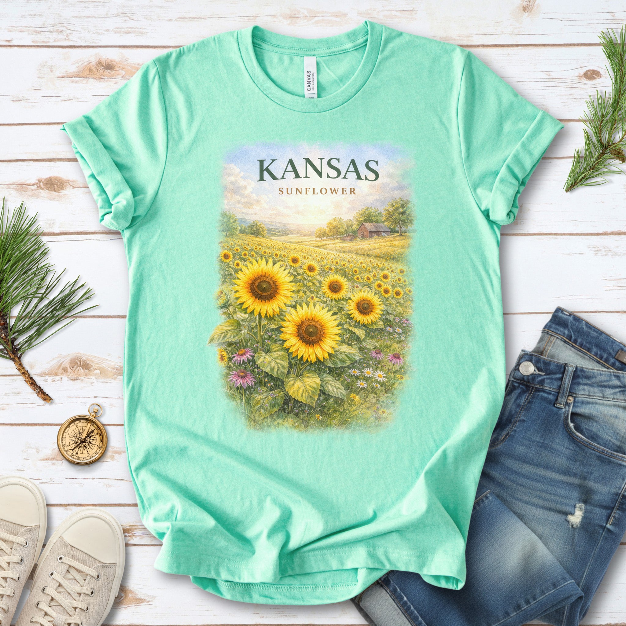 Kansas Sunflower Field Vintage Botanical Nature T-Shirt