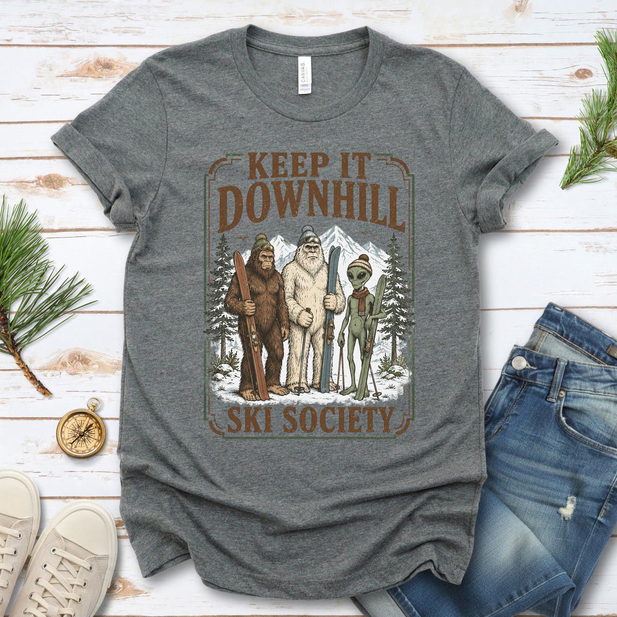 Keep It Downhill Cryptid Ski Society Bigfoot Yeti Alien Winter T-Shirt