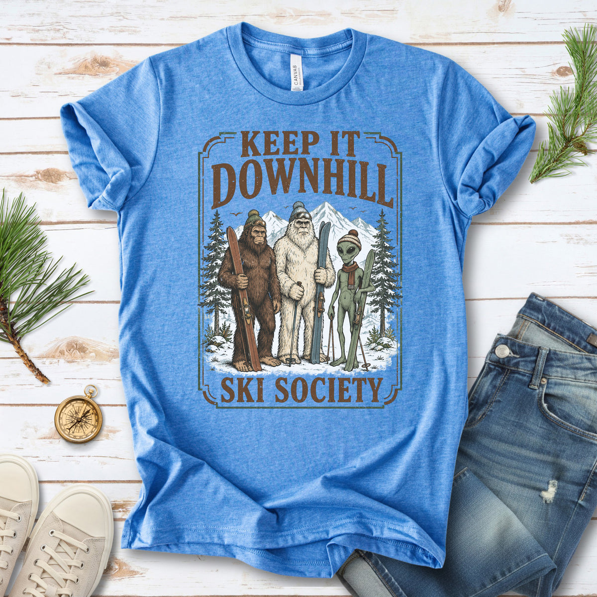 Keep It Downhill Cryptid Ski Society Bigfoot Yeti Alien Winter T-Shirt