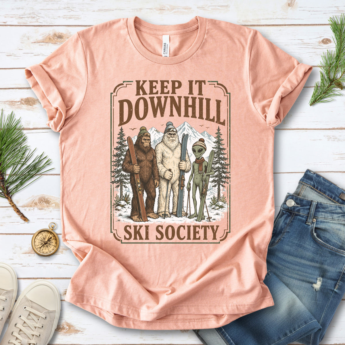 Keep It Downhill Cryptid Ski Society Bigfoot Yeti Alien Winter T-Shirt