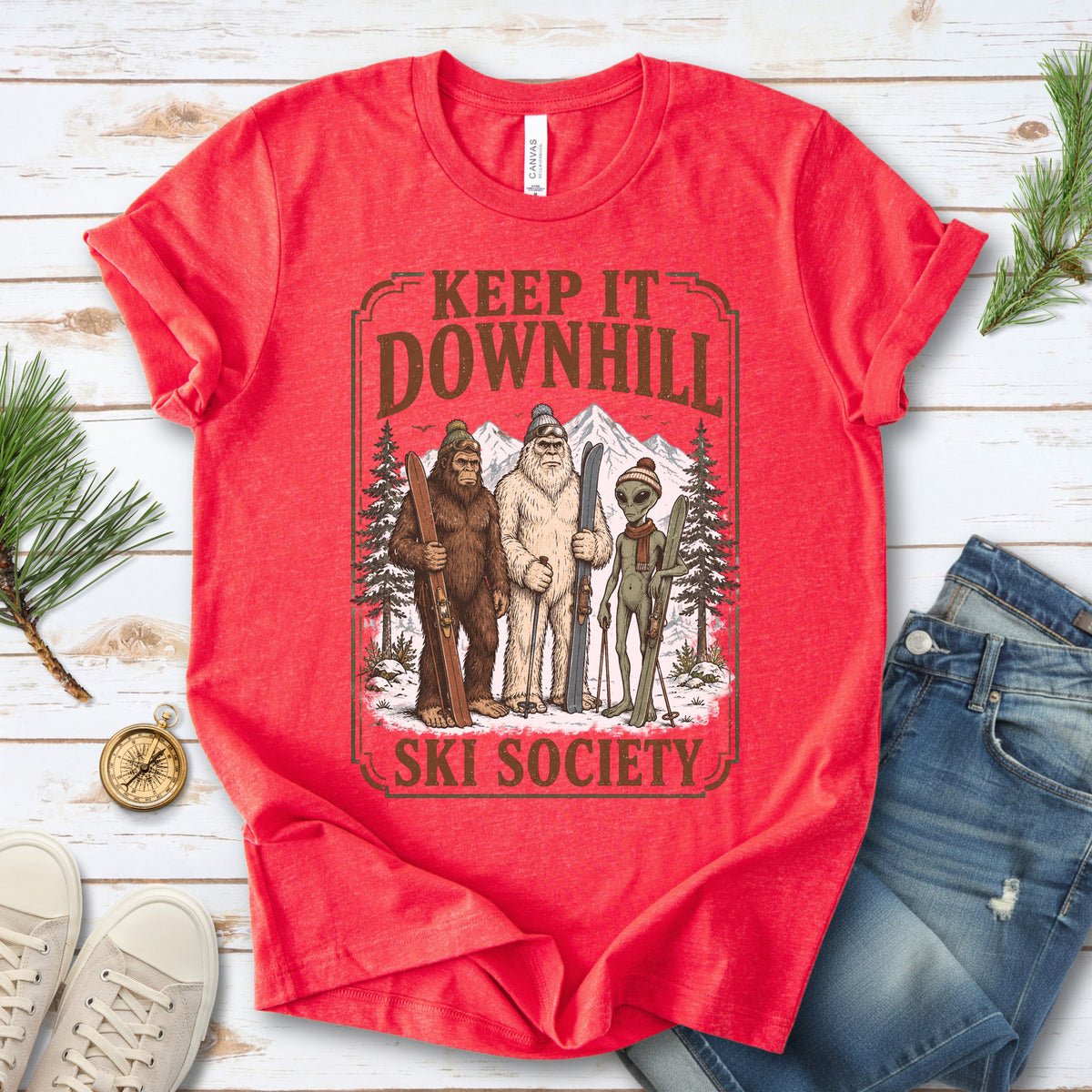 Keep It Downhill Cryptid Ski Society Bigfoot Yeti Alien Winter T-Shirt