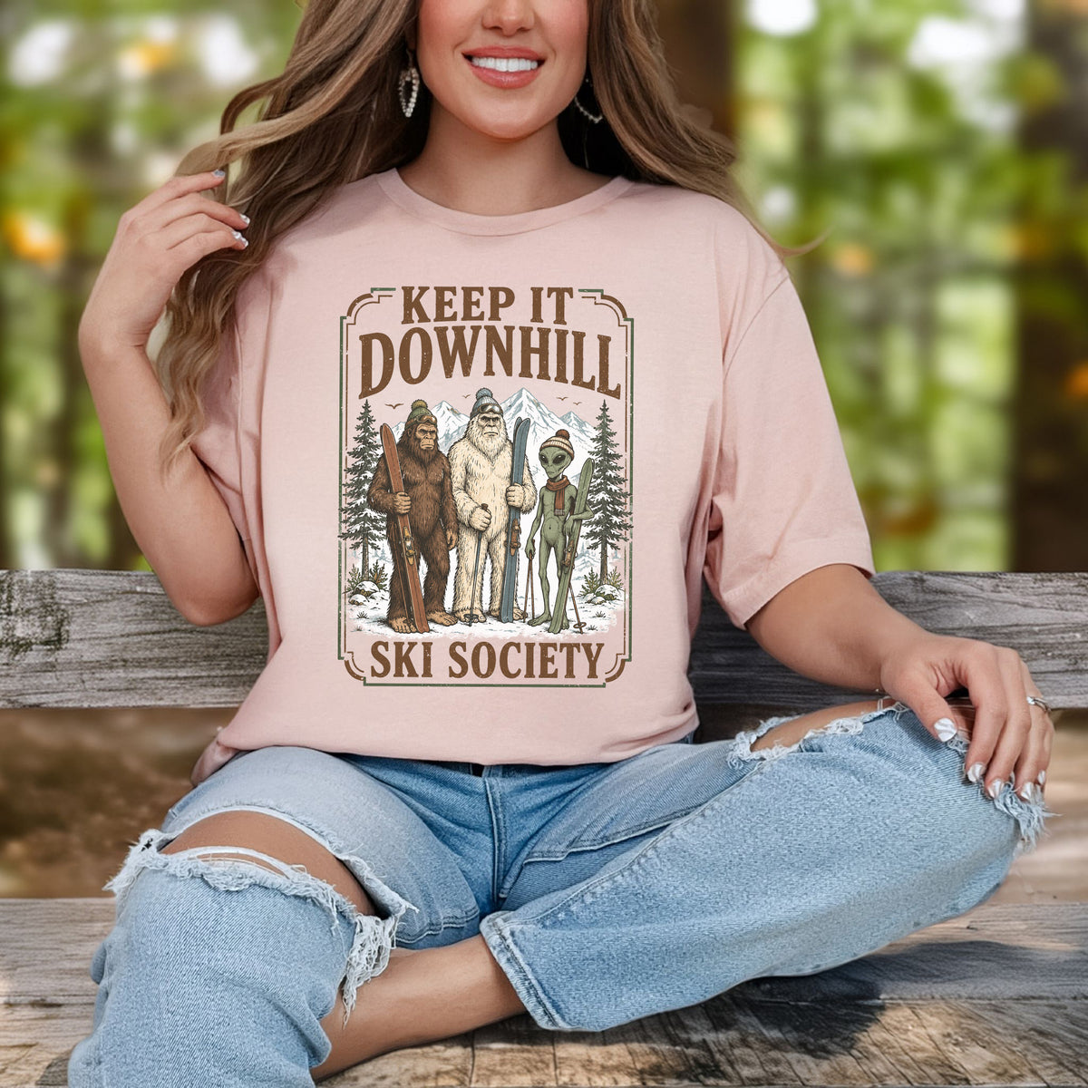 Keep It Downhill Cryptid Ski Society Bigfoot Yeti Alien Winter T-Shirt