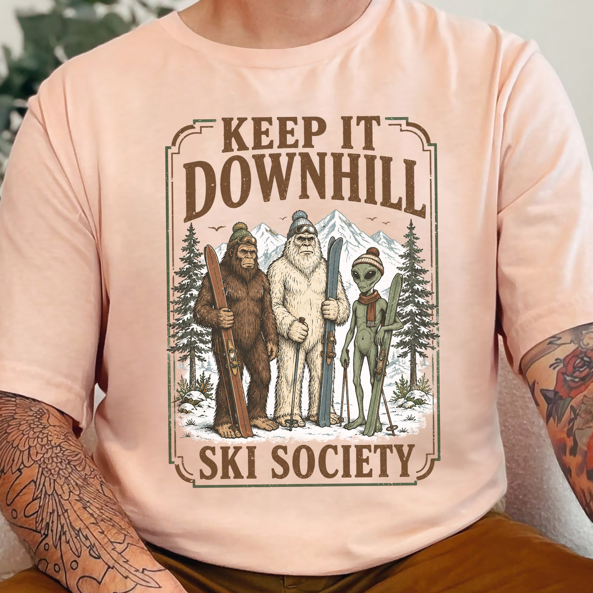 Keep It Downhill Cryptid Ski Society Bigfoot Yeti Alien Winter T-Shirt