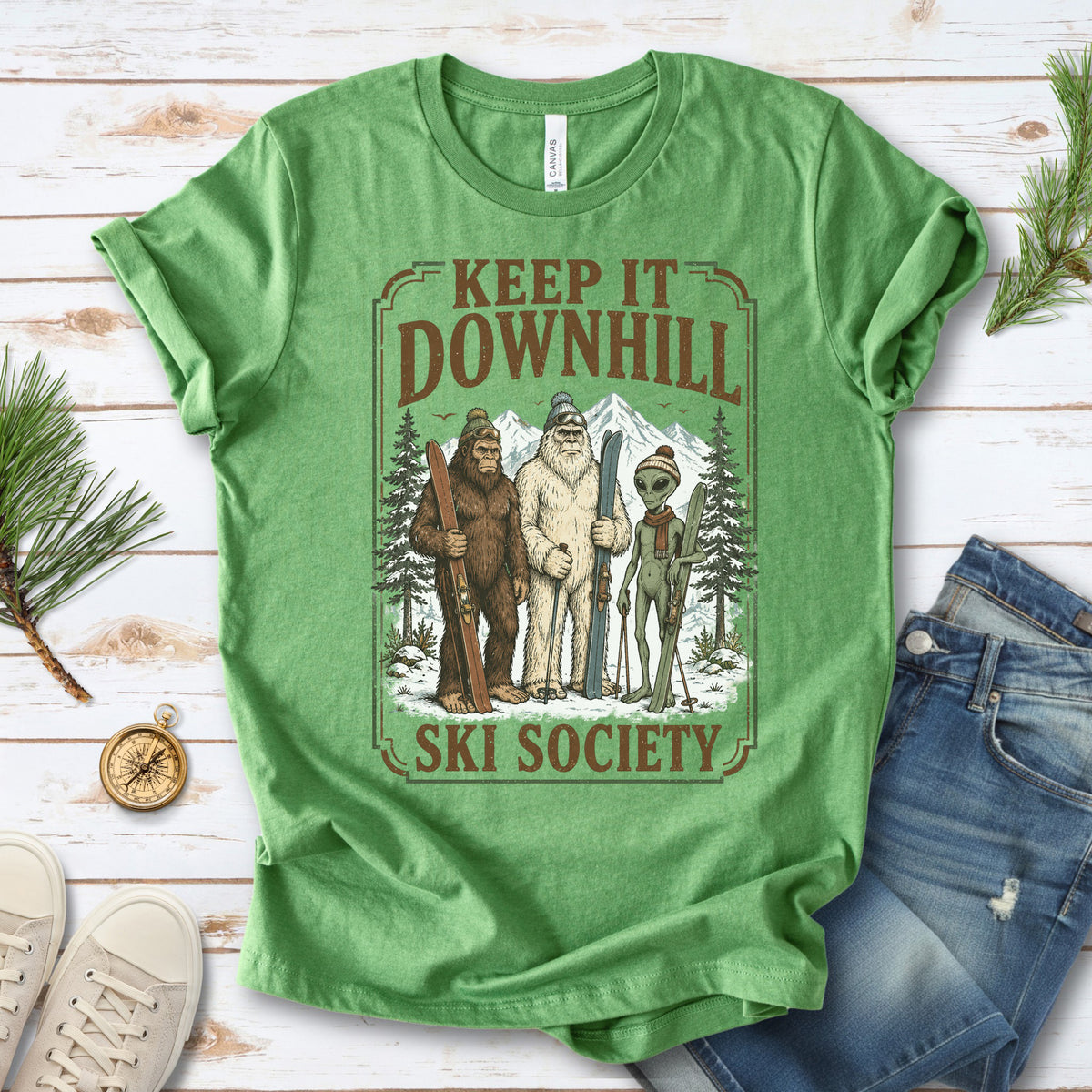 Keep It Downhill Cryptid Ski Society Bigfoot Yeti Alien Winter T-Shirt