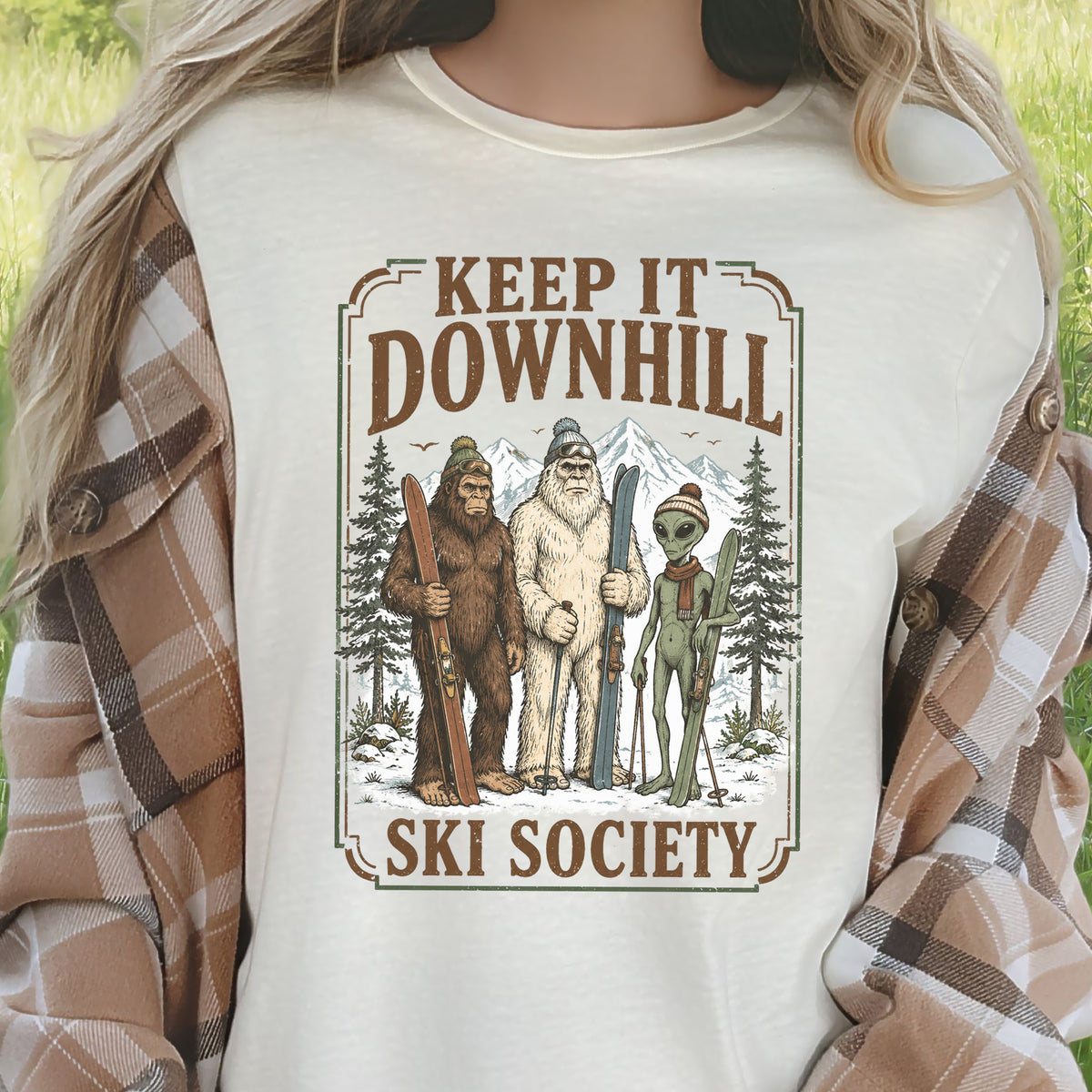 Keep It Downhill Cryptid Ski Society Bigfoot Yeti Alien Winter T-Shirt
