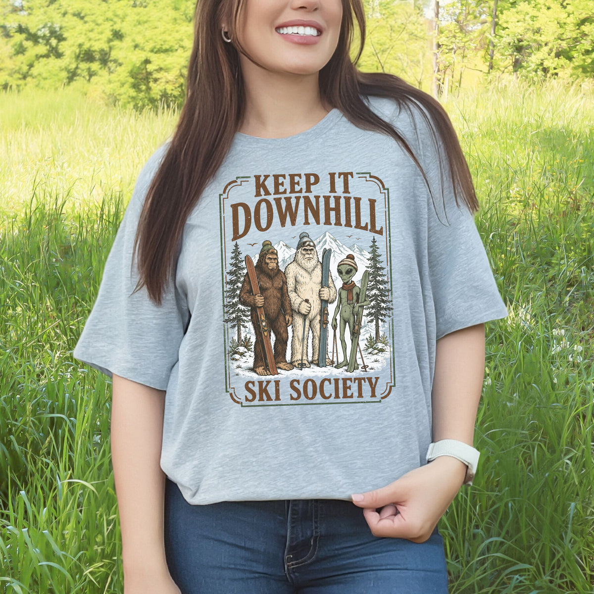 Keep It Downhill Cryptid Ski Society Bigfoot Yeti Alien Winter T-Shirt