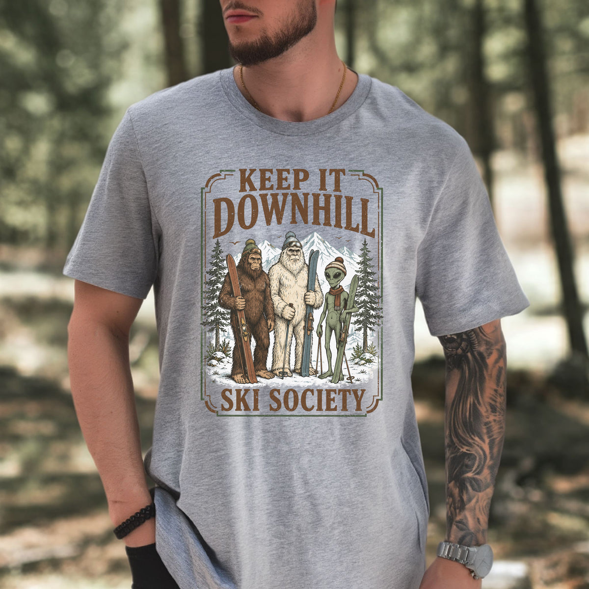 Keep It Downhill Cryptid Ski Society Bigfoot Yeti Alien Winter T-Shirt