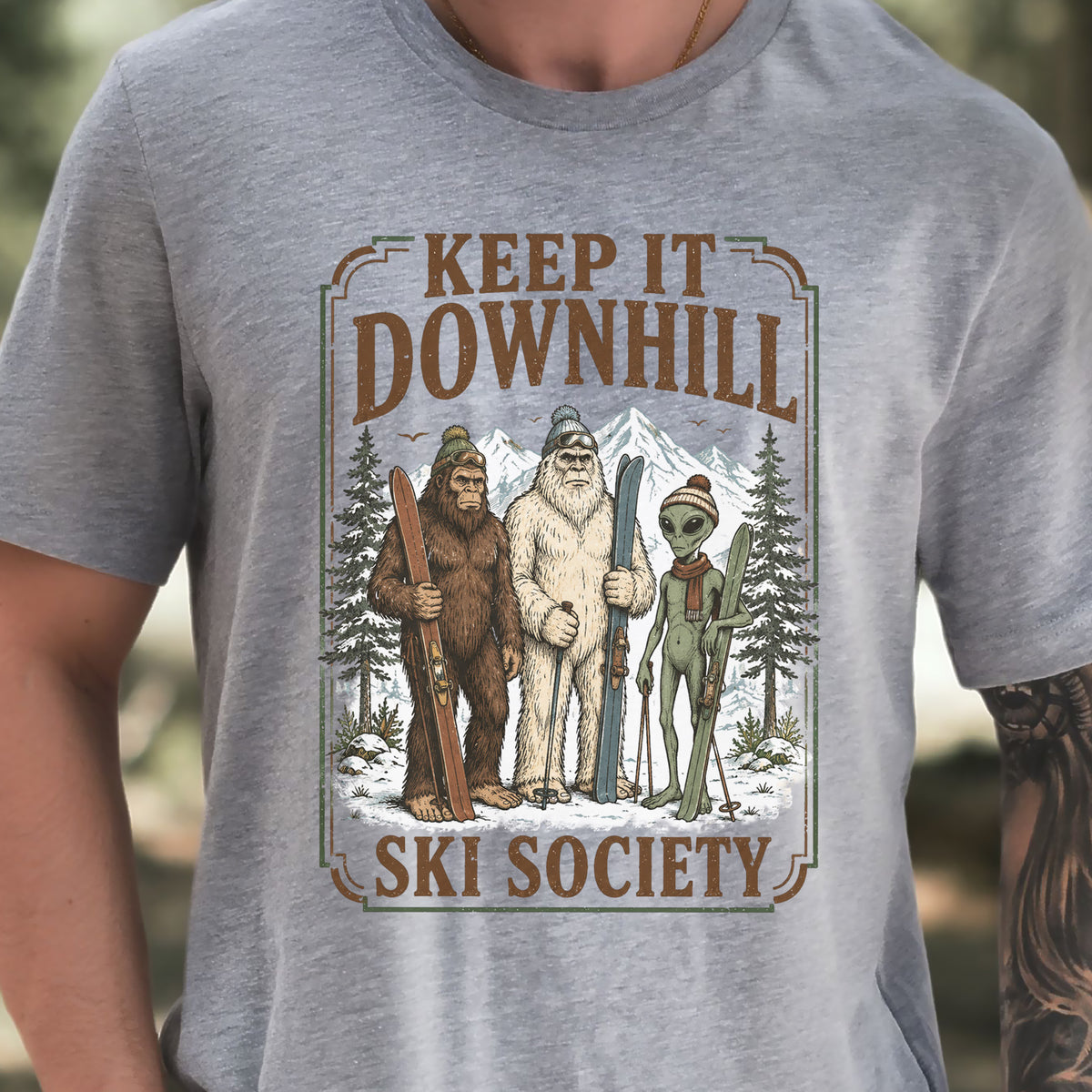 Keep It Downhill Cryptid Ski Society Bigfoot Yeti Alien Winter T-Shirt