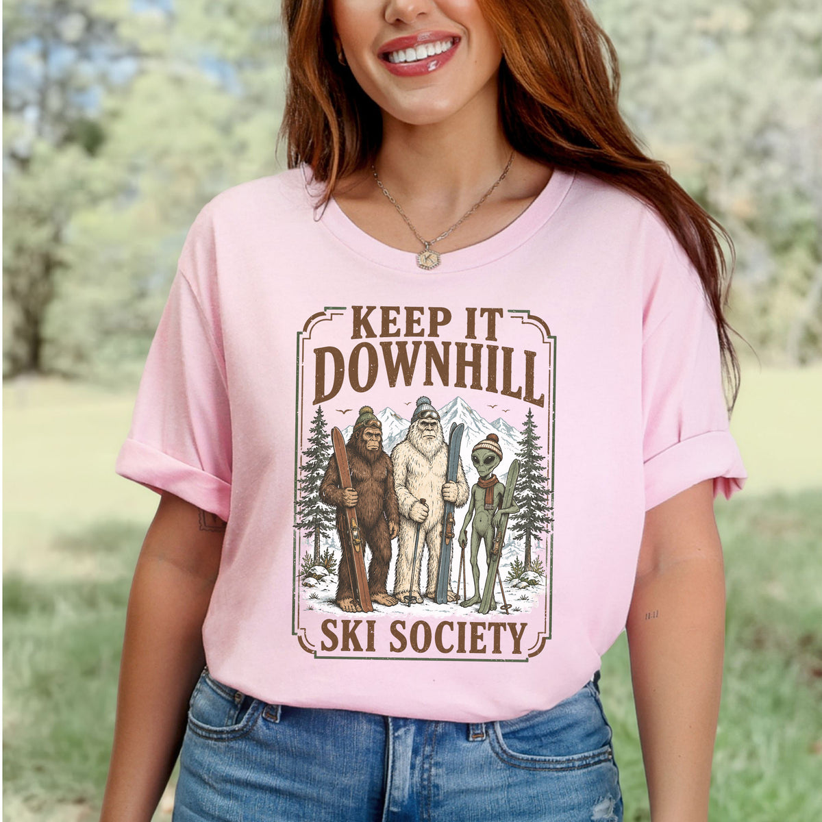 Keep It Downhill Cryptid Ski Society Bigfoot Yeti Alien Winter T-Shirt