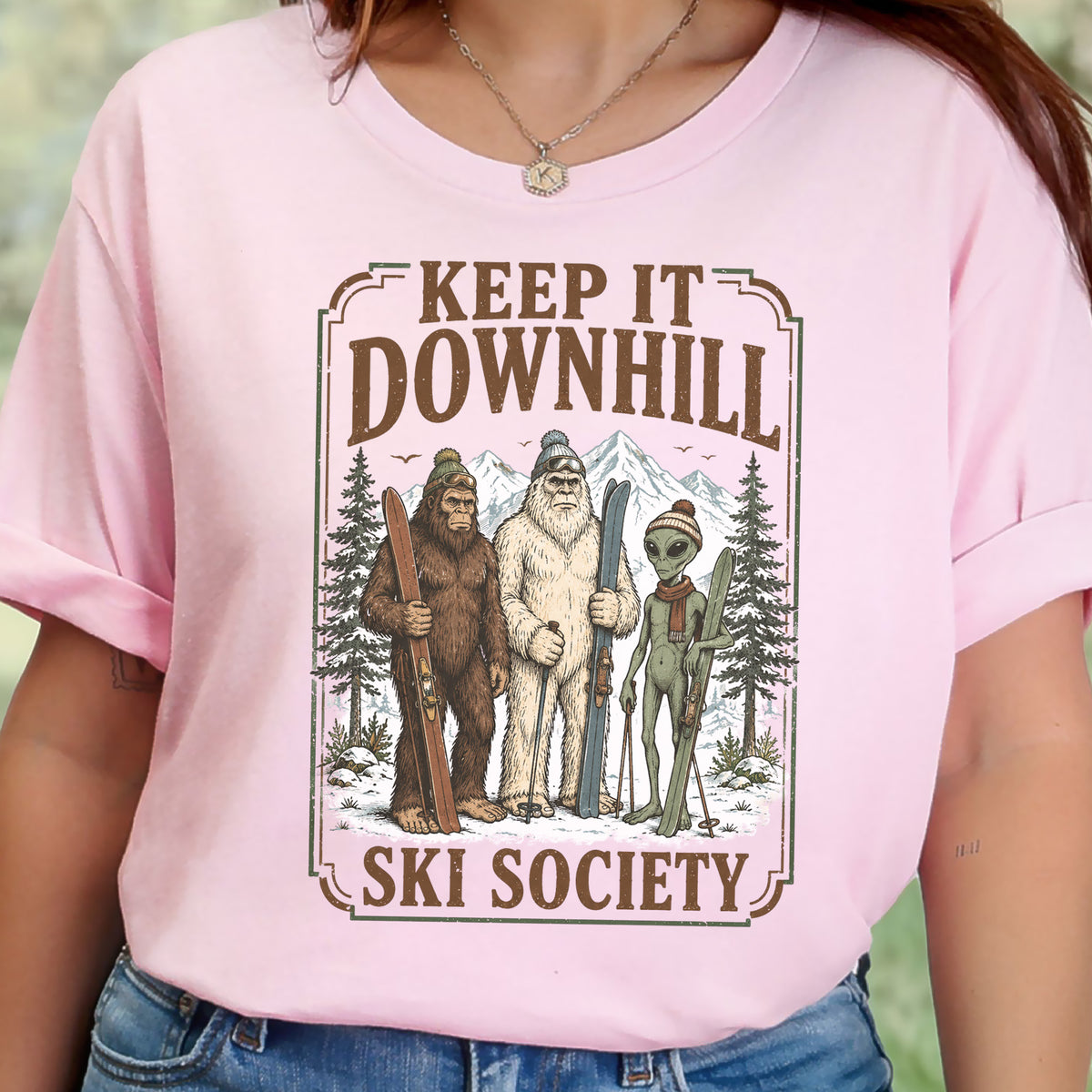 Keep It Downhill Cryptid Ski Society Bigfoot Yeti Alien Winter T-Shirt