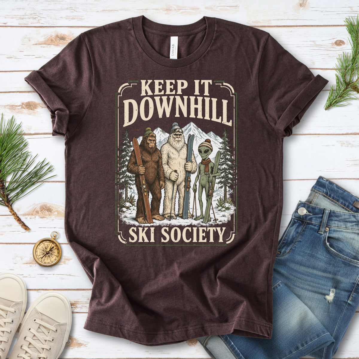 Keep It Downhill Cryptid Ski Society Bigfoot Yeti Alien Winter T-Shirt