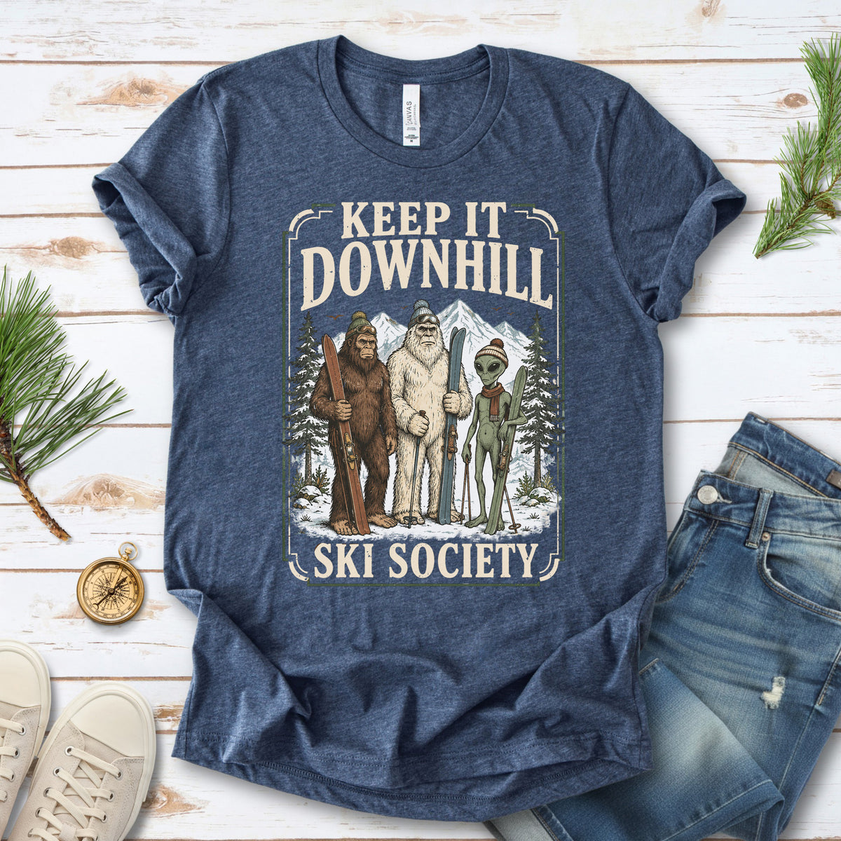 Keep It Downhill Cryptid Ski Society Bigfoot Yeti Alien Winter T-Shirt