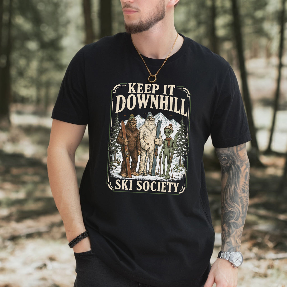 Keep It Downhill Cryptid Ski Society Bigfoot Yeti Alien Winter T-Shirt
