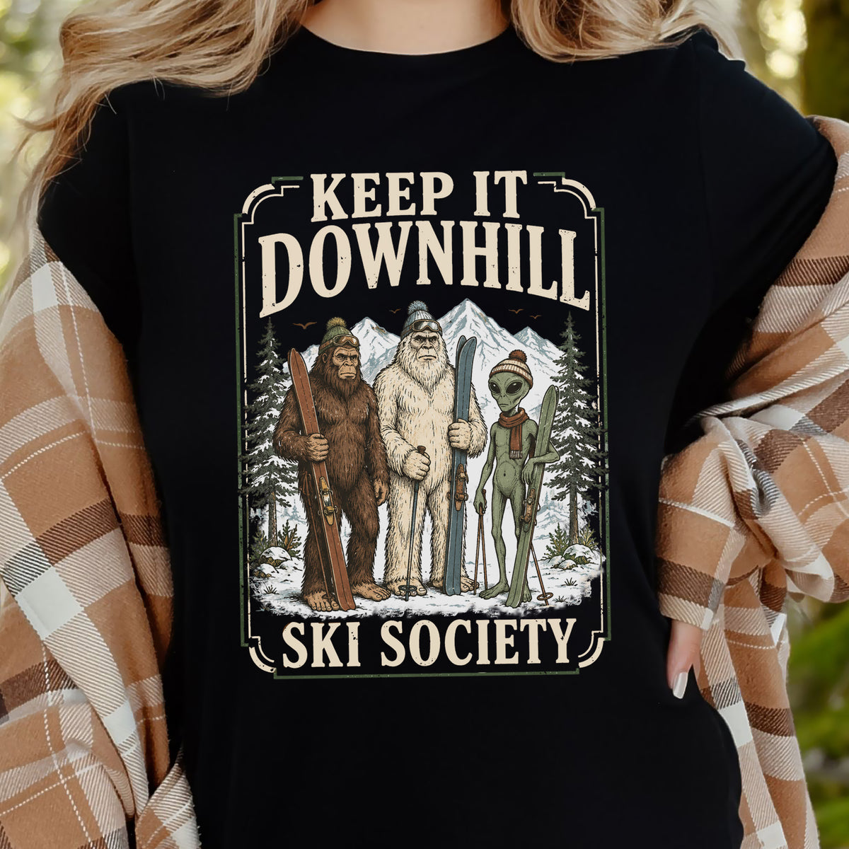 Keep It Downhill Cryptid Ski Society Bigfoot Yeti Alien Winter T-Shirt