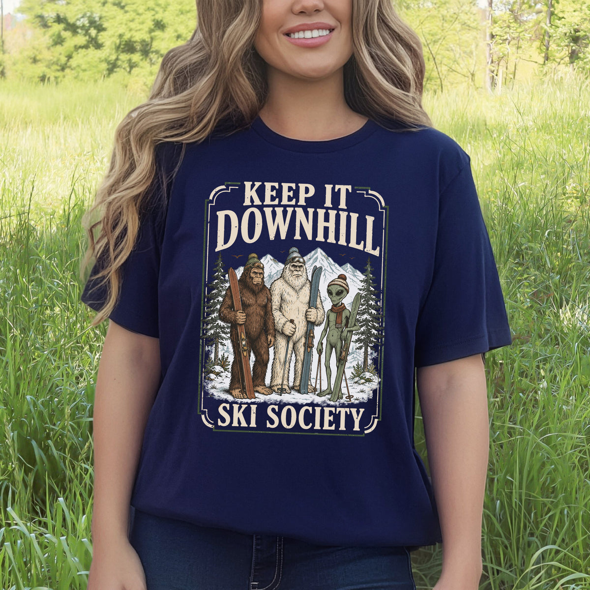 Keep It Downhill Cryptid Ski Society Bigfoot Yeti Alien Winter T-Shirt