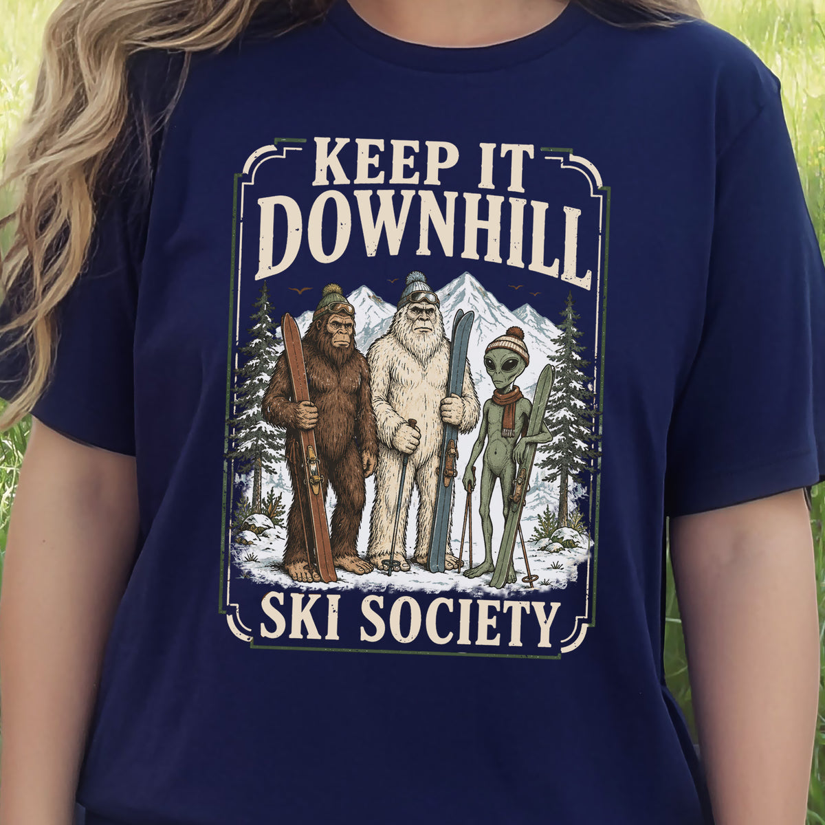 Keep It Downhill Cryptid Ski Society Bigfoot Yeti Alien Winter T-Shirt