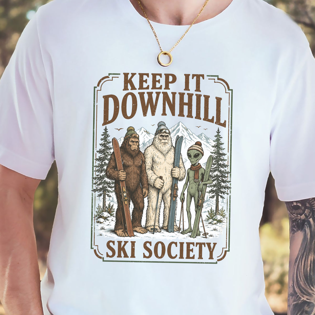 Keep It Downhill Cryptid Ski Society Bigfoot Yeti Alien Winter T-Shirt