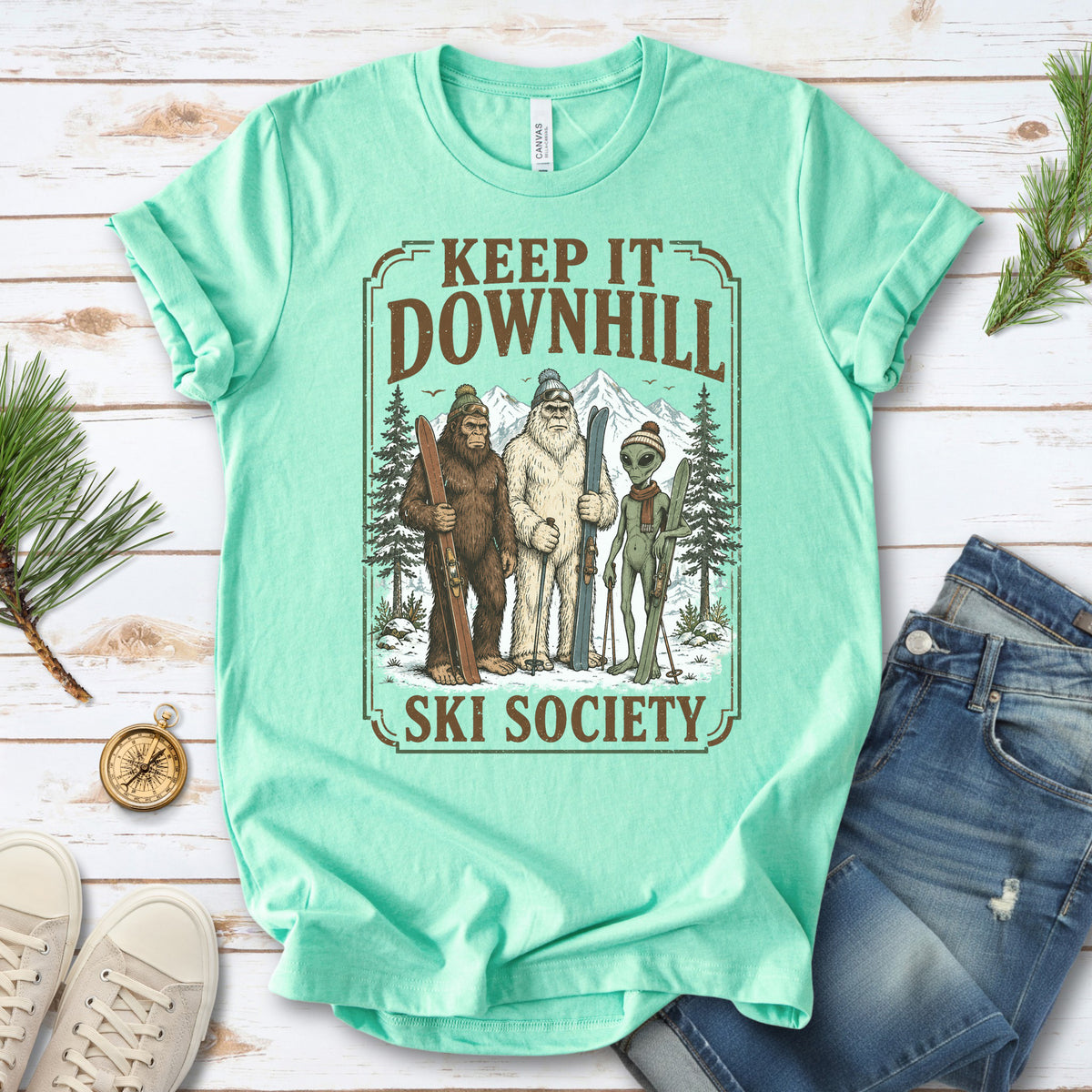 Keep It Downhill Cryptid Ski Society Bigfoot Yeti Alien Winter T-Shirt