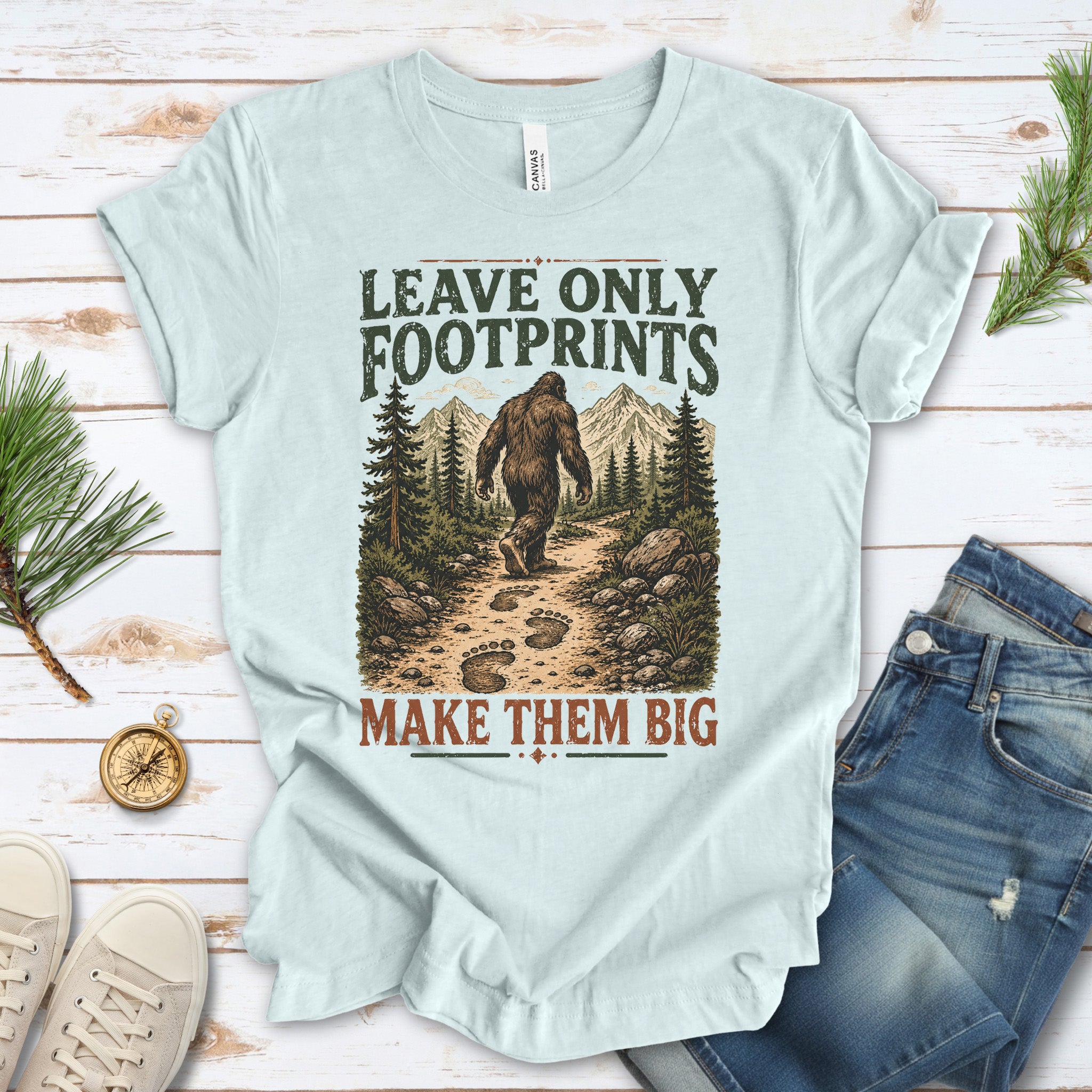 Leave Only Footprints Bigfoot Sasquatch Hiking Humor T-Shirt