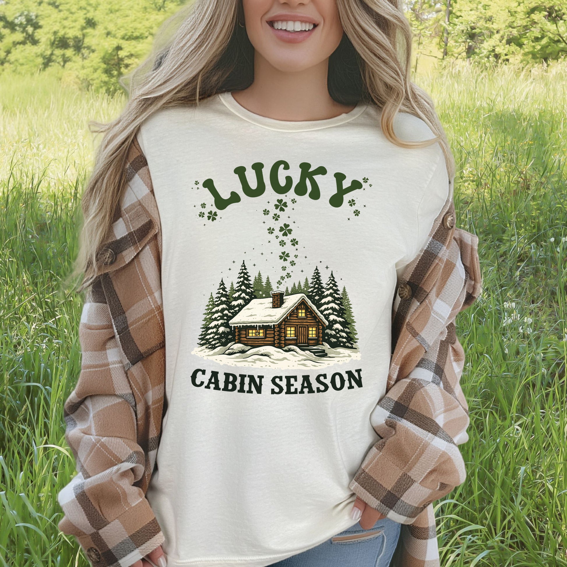 Lucky Cabin Season T-Shirt – Cozy Snowy Forest Tee for St. Patrick’s Day