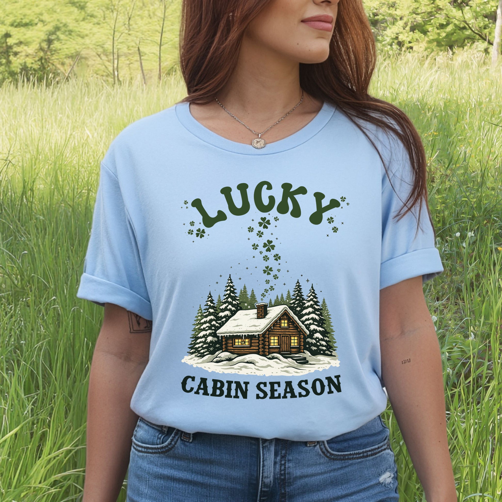 Lucky Cabin Season T-Shirt – Cozy Snowy Forest Tee for St. Patrick’s Day