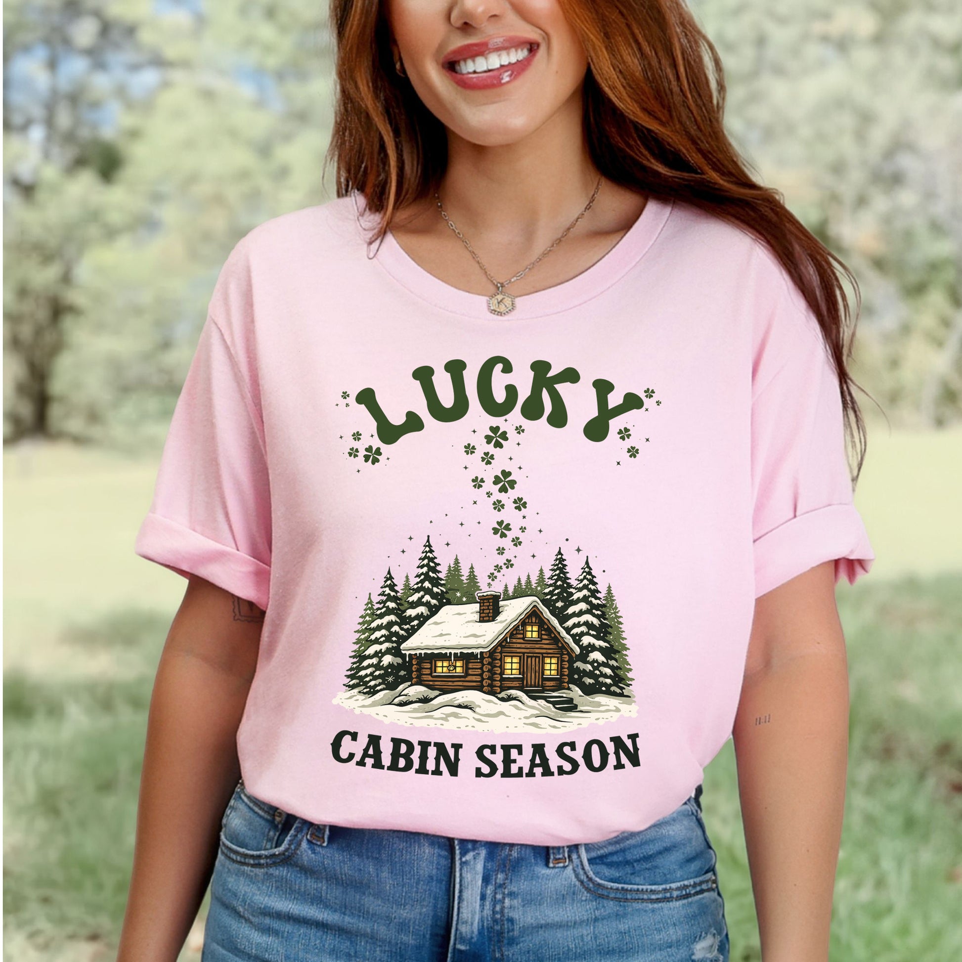 Lucky Cabin Season T-Shirt – Cozy Snowy Forest Tee for St. Patrick’s Day