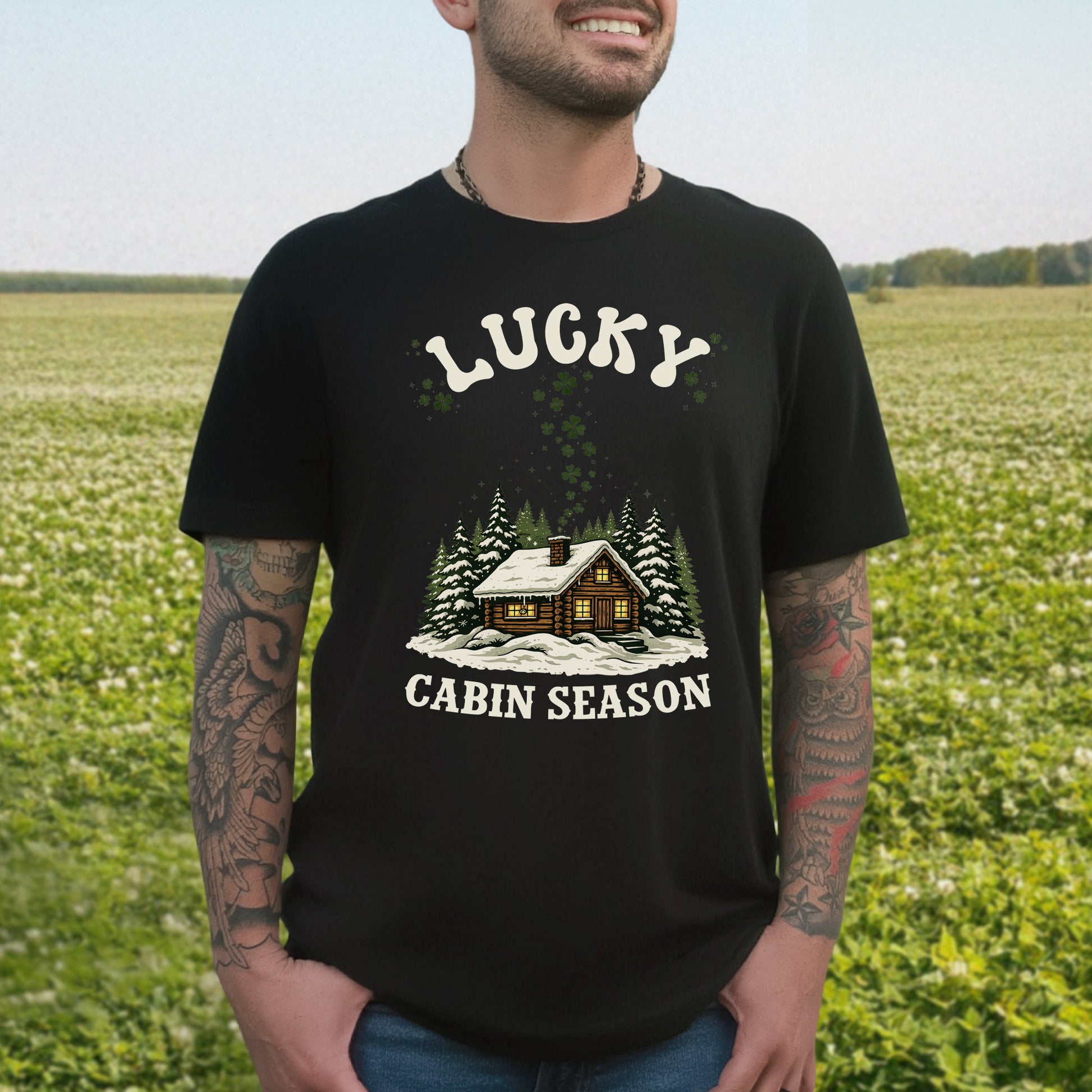 Lucky Cabin Season T-Shirt – Cozy Snowy Forest Tee for St. Patrick’s Day