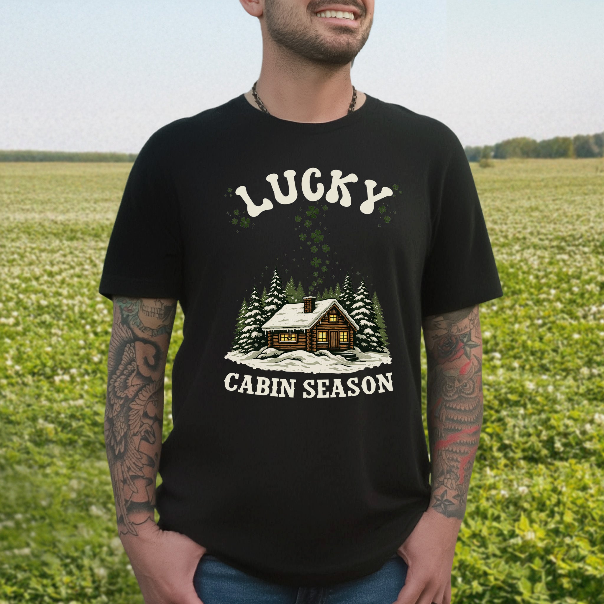 Lucky Cabin Season T-Shirt – Cozy Snowy Forest Tee for St. Patrick’s Day