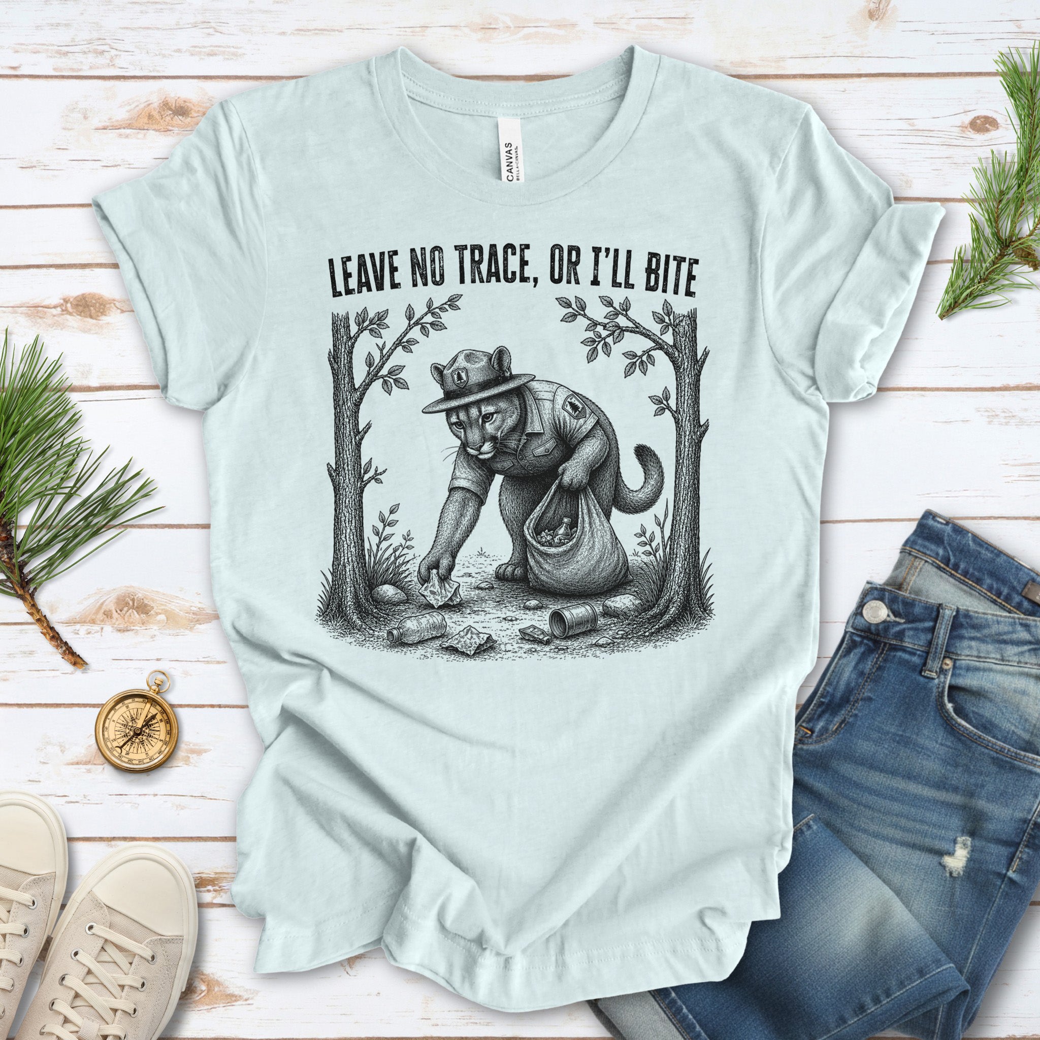 Leave No Trace Or I’ll Bite Funny Cougar Park Ranger Hiking T-Shirt