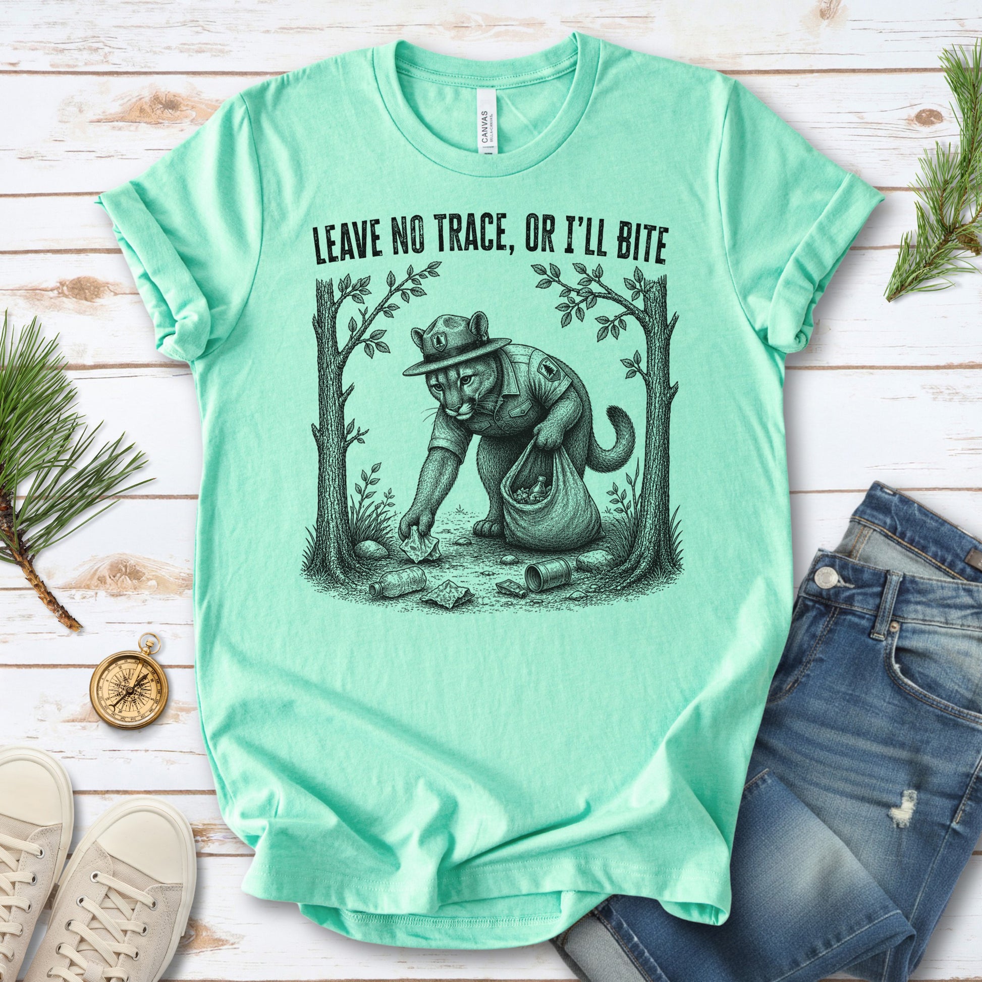 Leave No Trace Or I’ll Bite Funny Cougar Park Ranger Hiking T-Shirt
