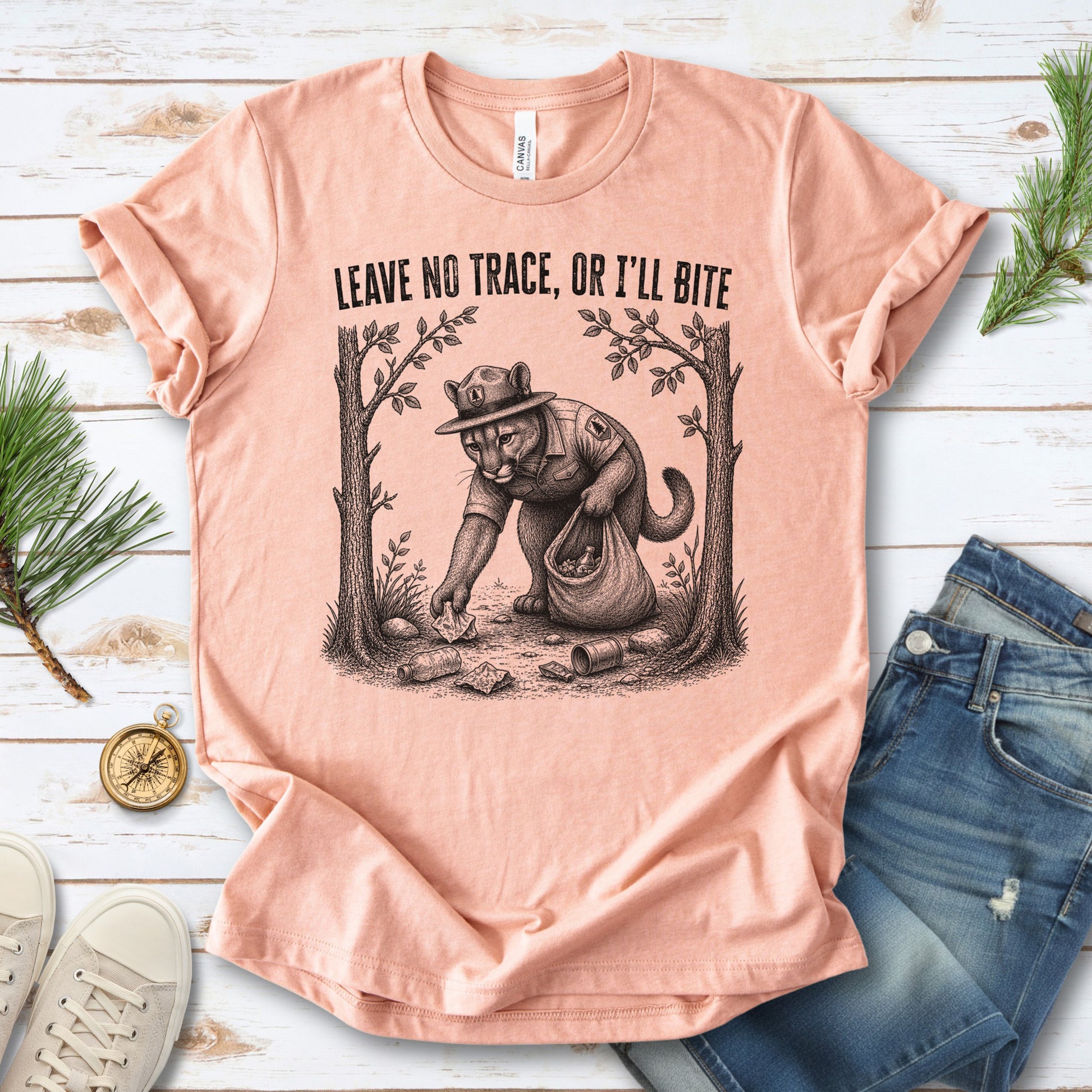 Leave No Trace Or I’ll Bite Funny Cougar Park Ranger Hiking T-Shirt