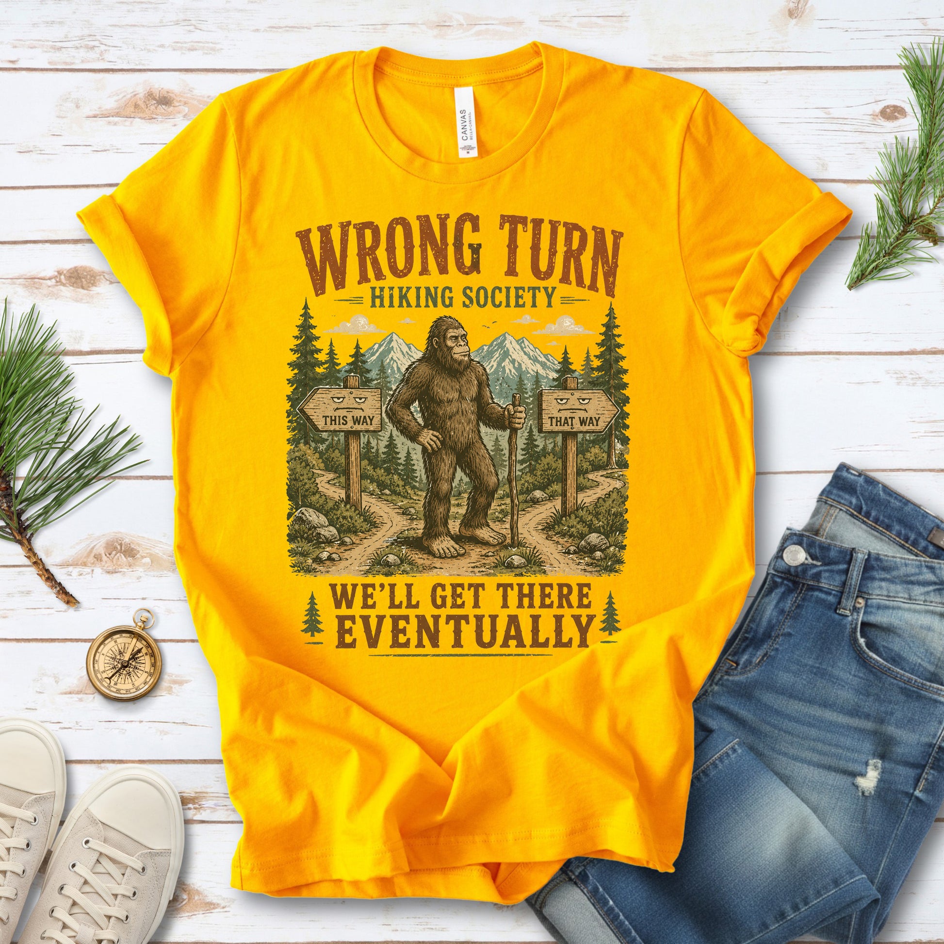 Wrong Turn Hiking Society Bigfoot Funny Trail Gift T-Shirt