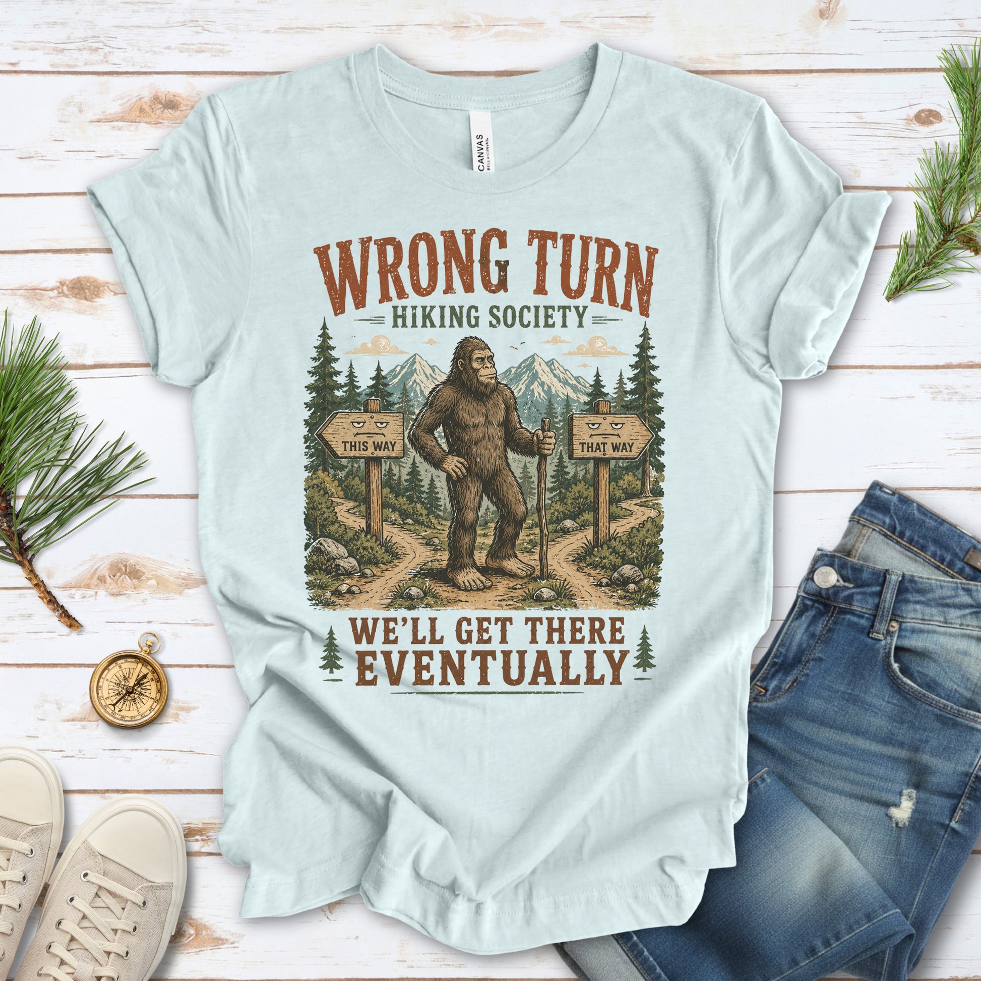 Wrong Turn Hiking Society Bigfoot Funny Trail Gift T-Shirt